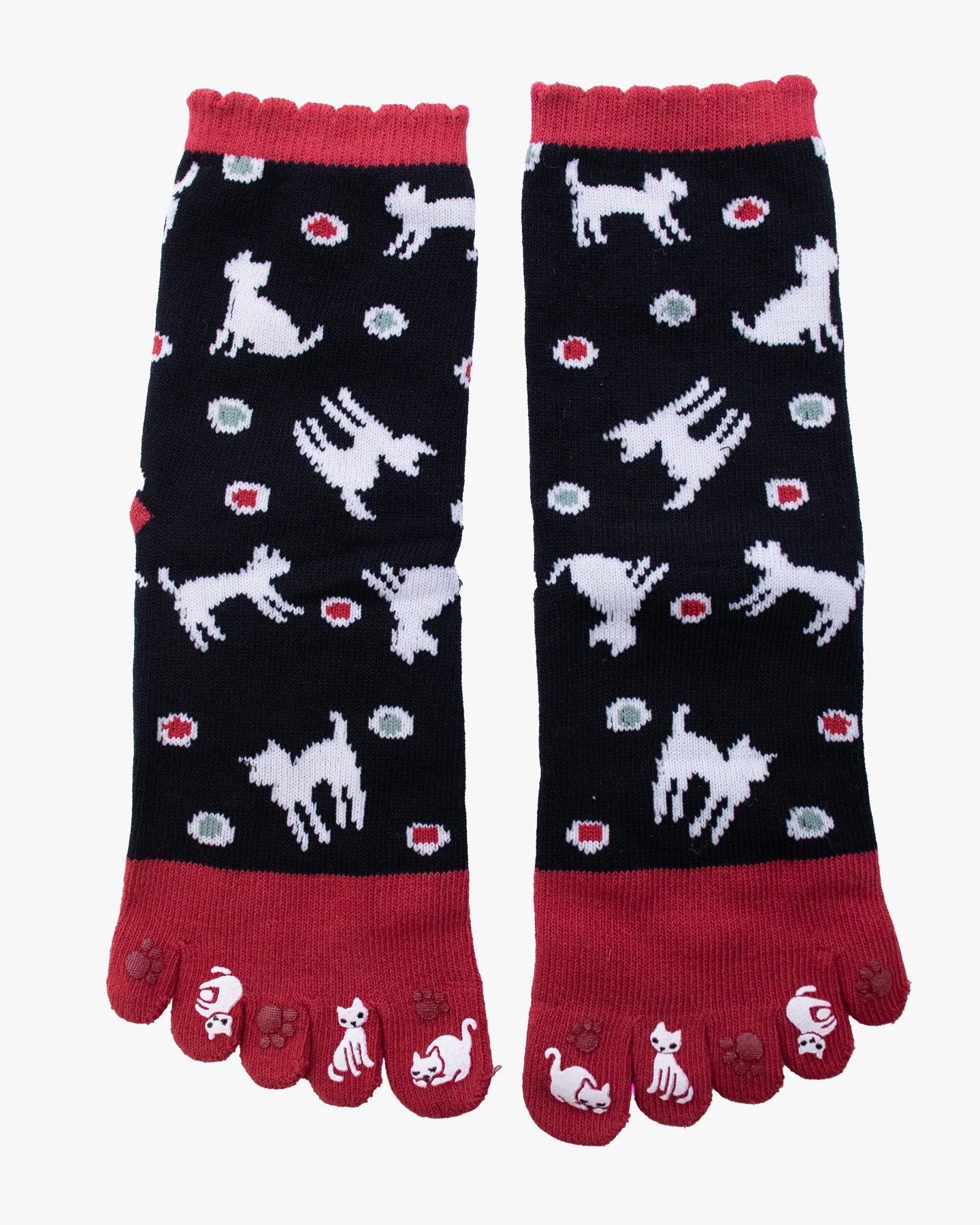 , Toe Socks, Crew, Red and Black with Cats (S/M)