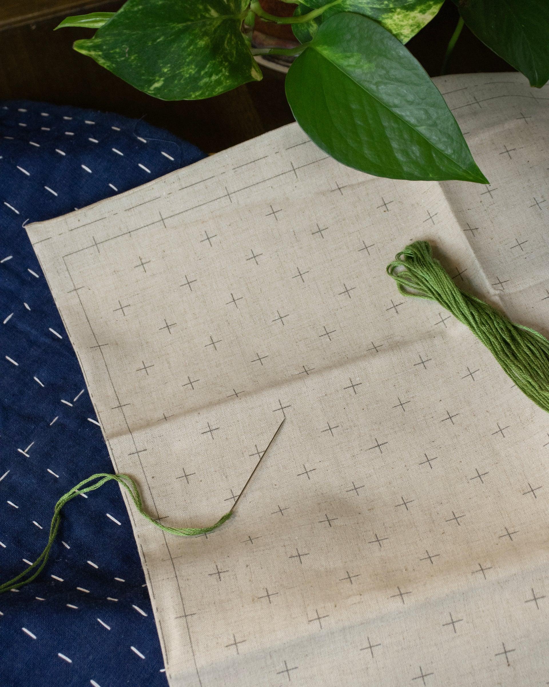 , Cotton Linen Sashiko Fabric, Ivory, Kasuri Design