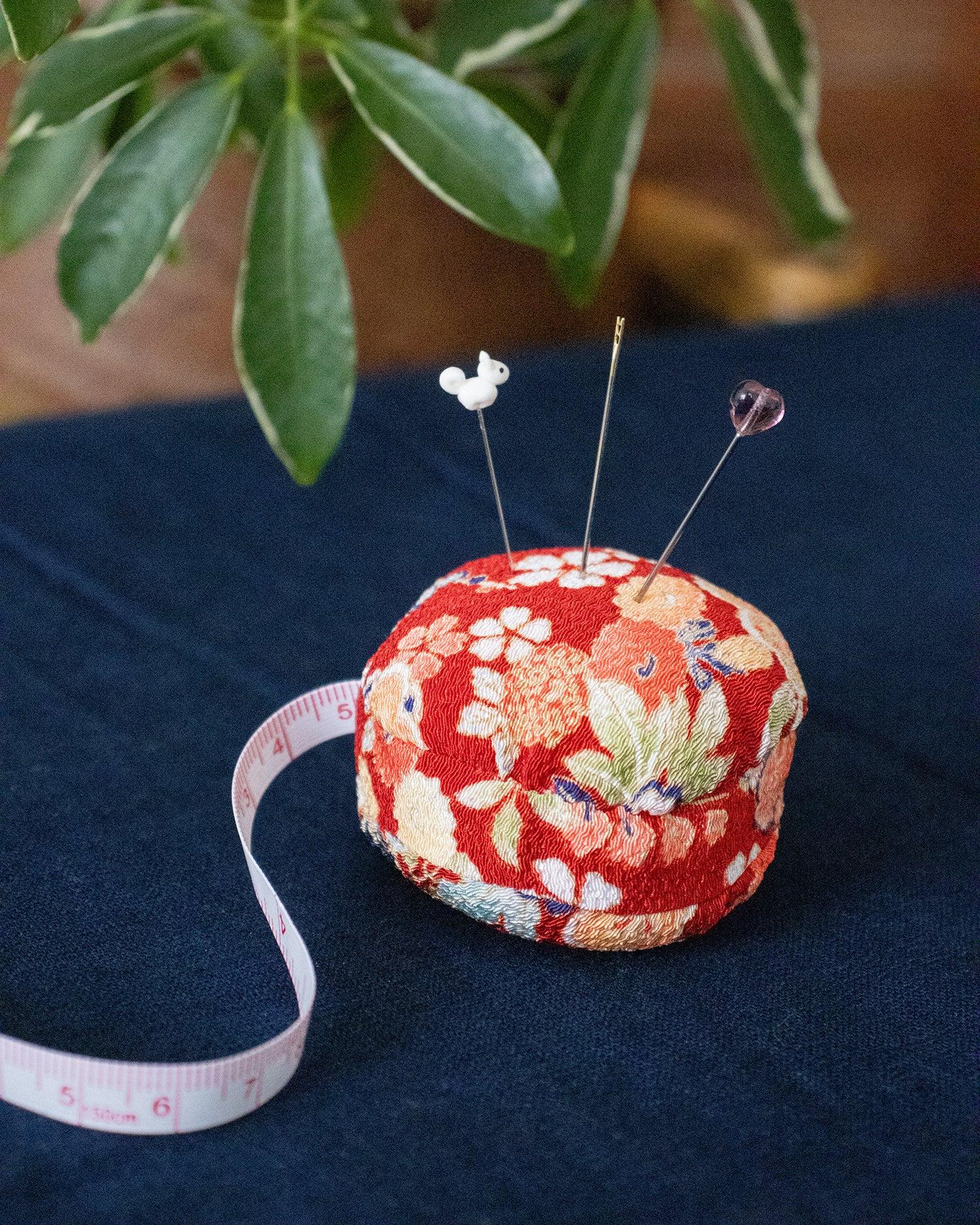 , Macaron Measure Pin Cushion, Red and Flowers