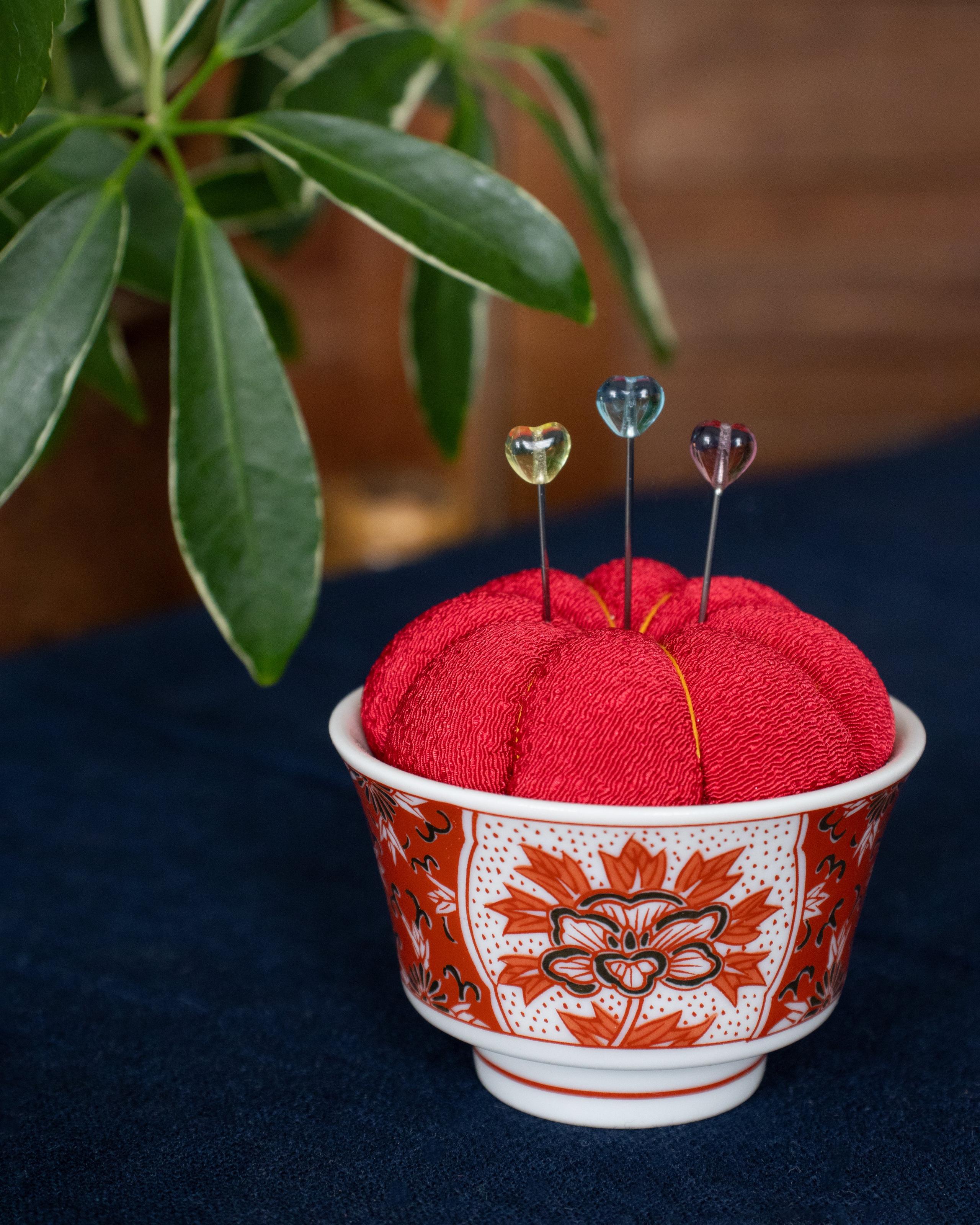 , Pin Cushion with Ceramic Base, Kutani, Red