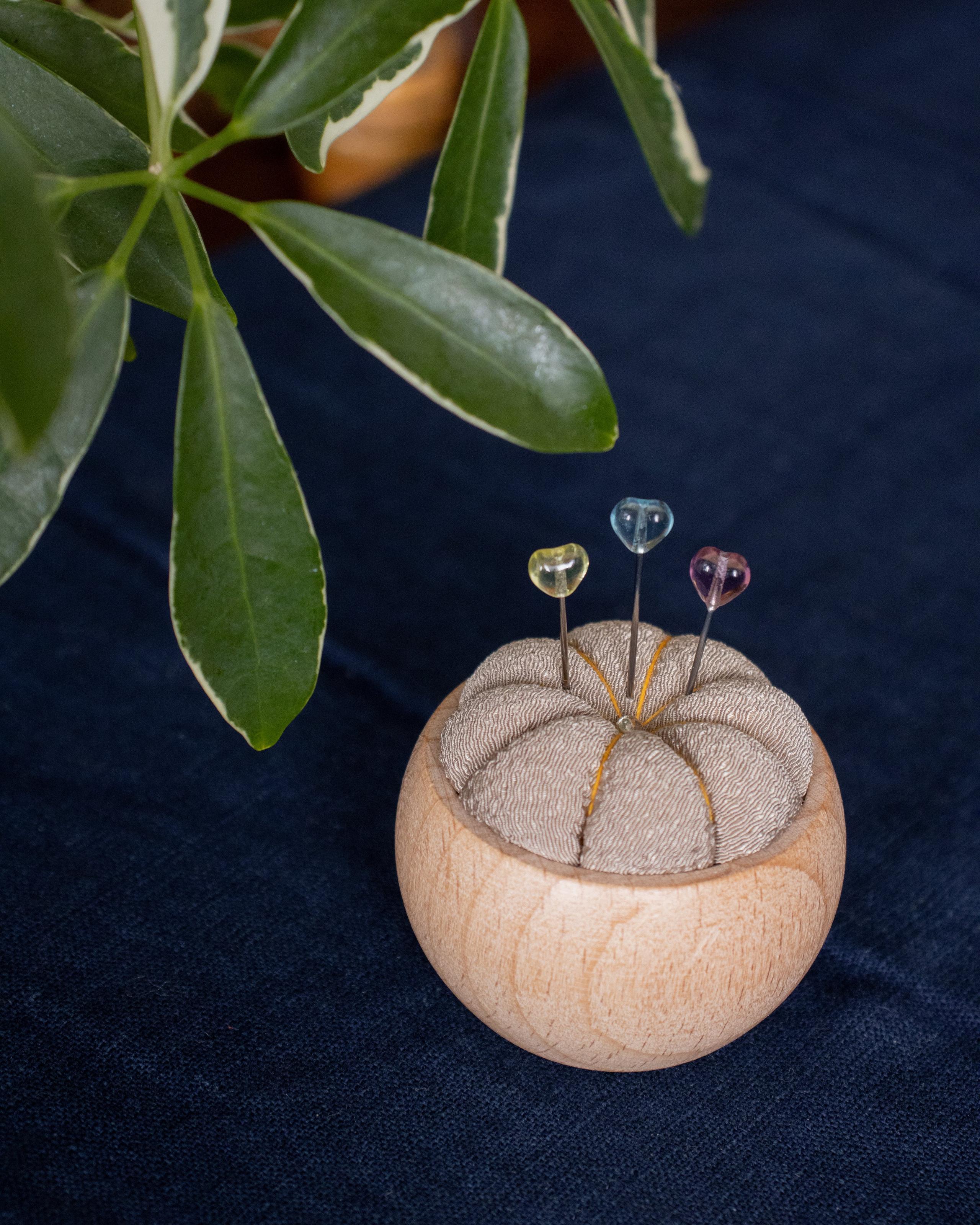 , Pin Cushion with Wooden Base, Beige