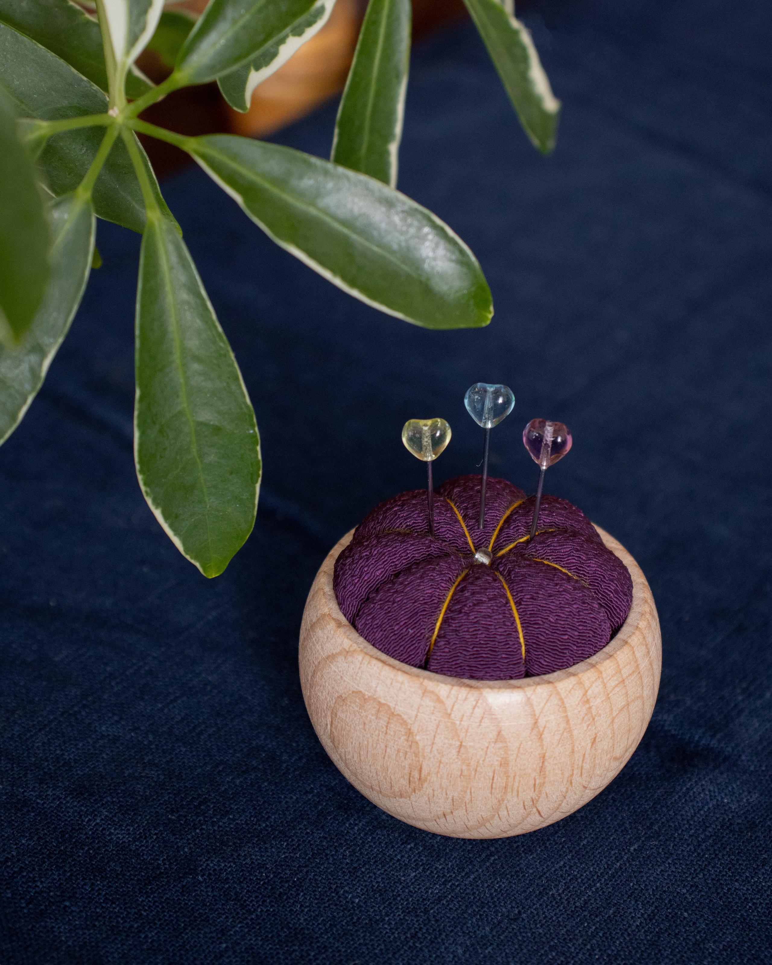 , Pin Cushion with Wooden Base, Purple