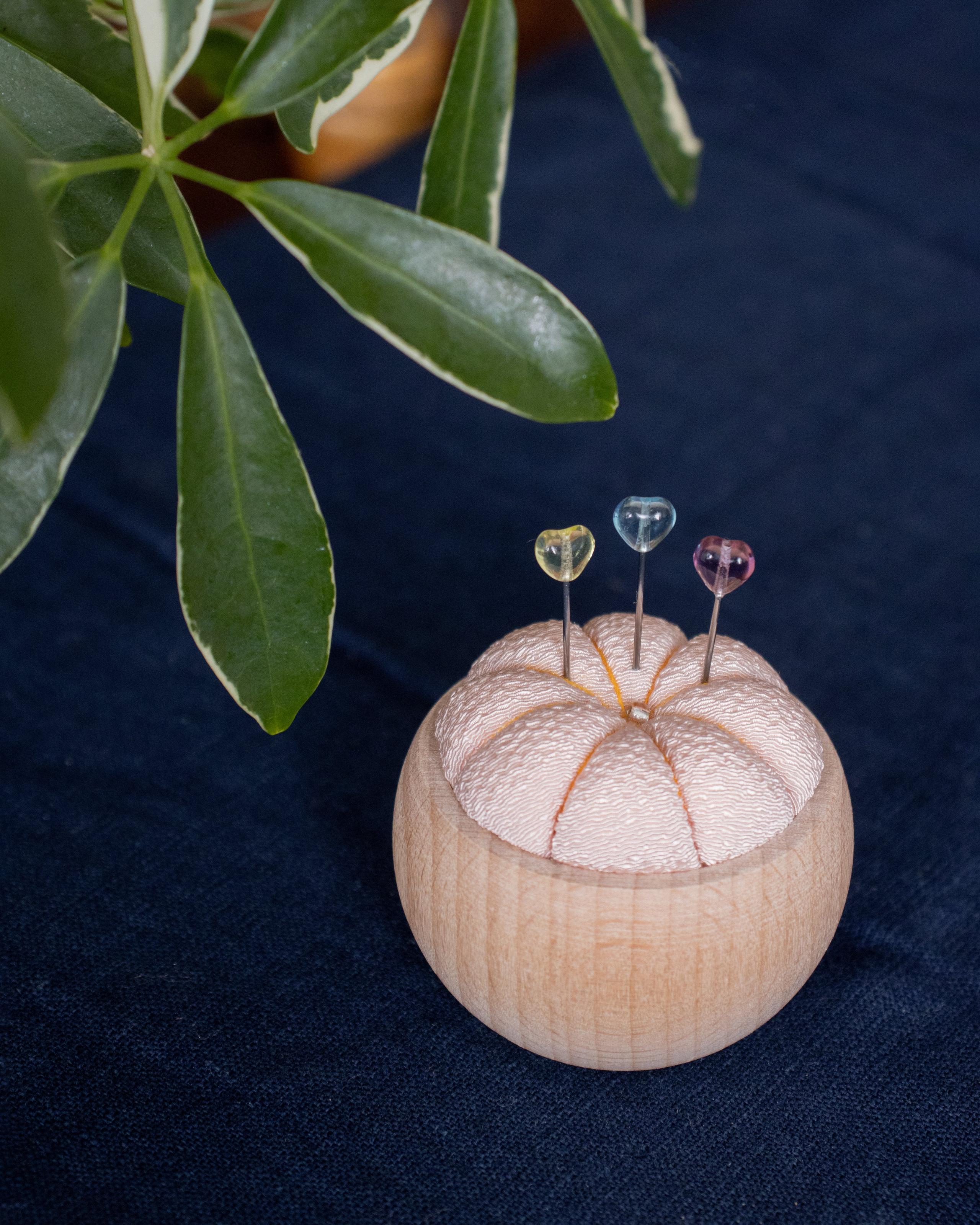 , Pin Cushion with Wooden Base, Peach