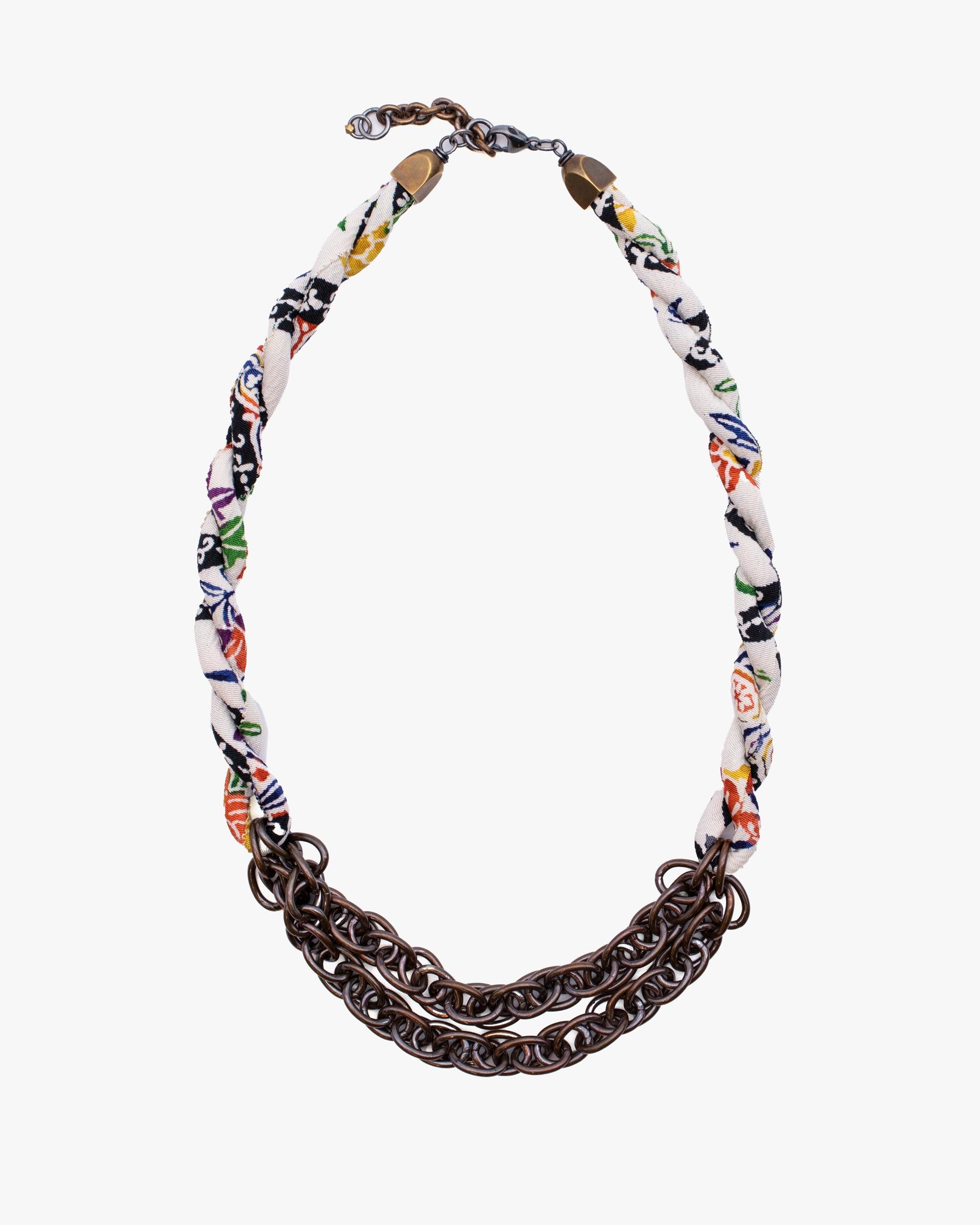 X Kiriko Boro Collar Necklace, Silk Kimono, Ivory with Multicolor Accents