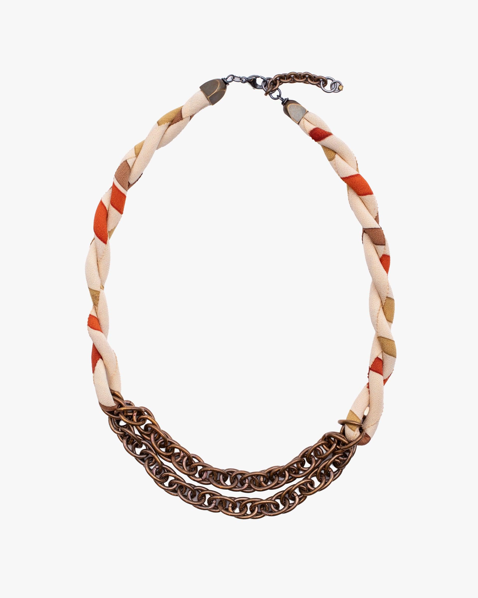 X Kiriko Boro Collar Necklace, Silk Kimono, Warm Tones on Cream
