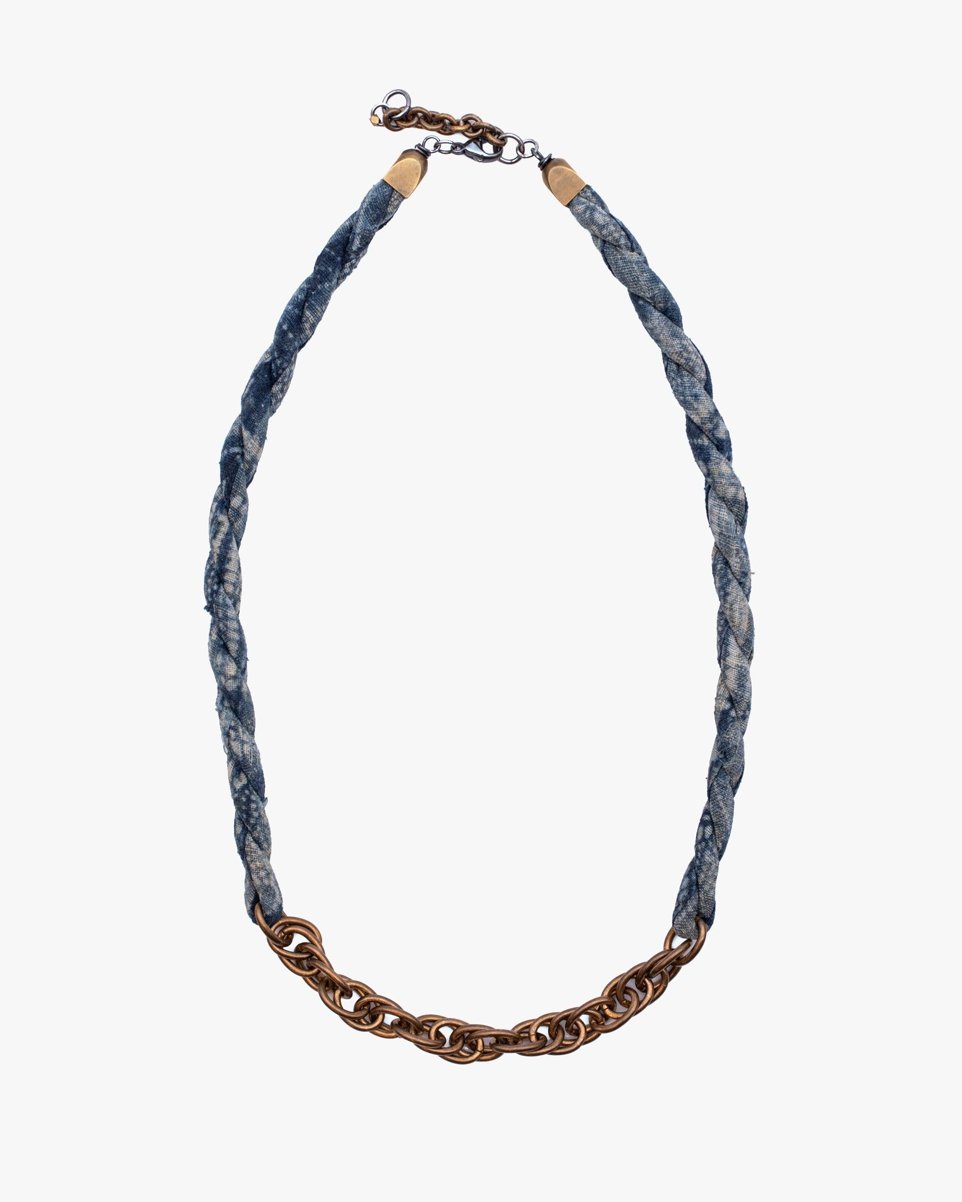 X Kiriko Boro Collar Necklace, Vintage Washed Indigo with White Katazome