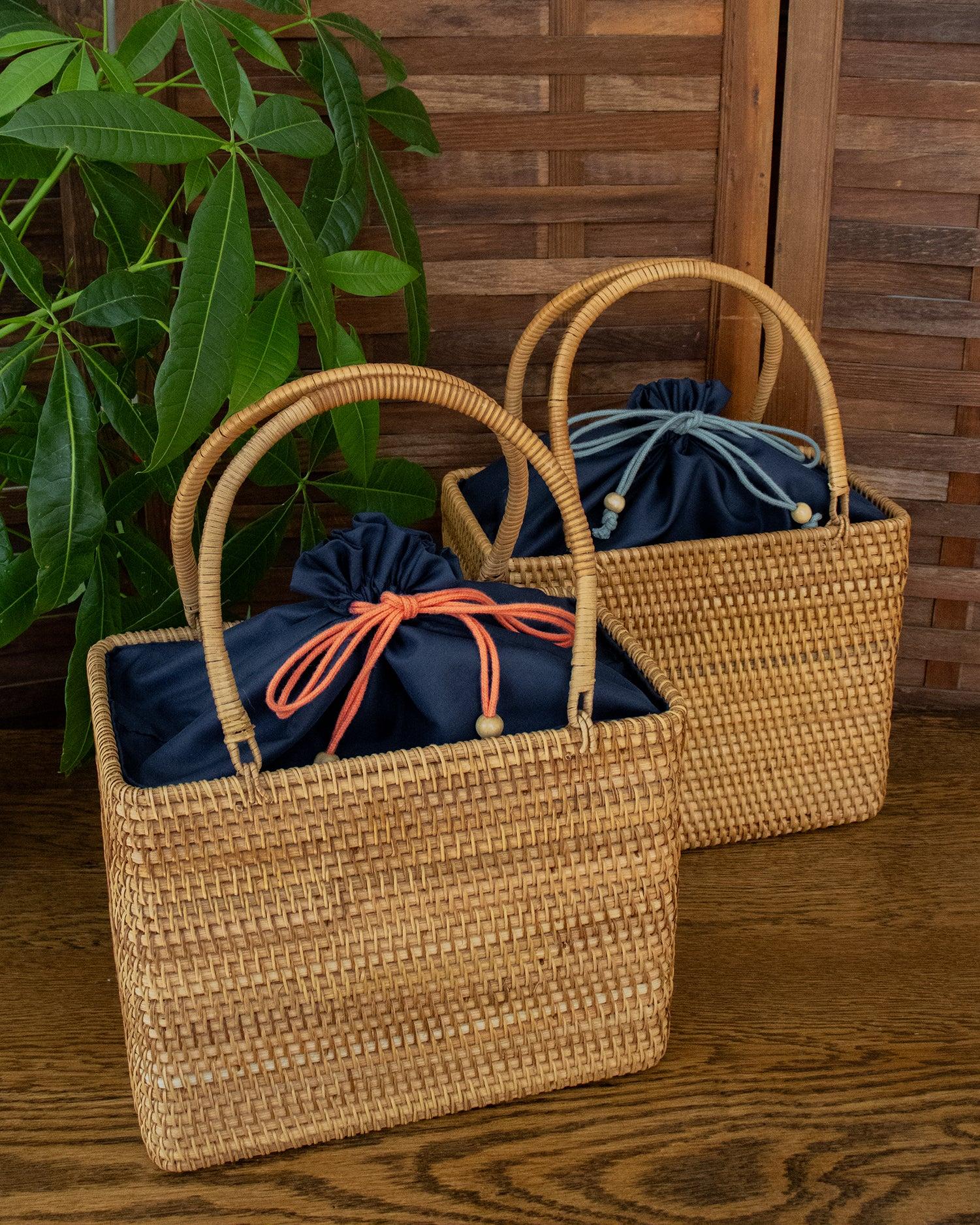 Original, Bamboo Woven Bag with Blue Kinchaku Insert, Square