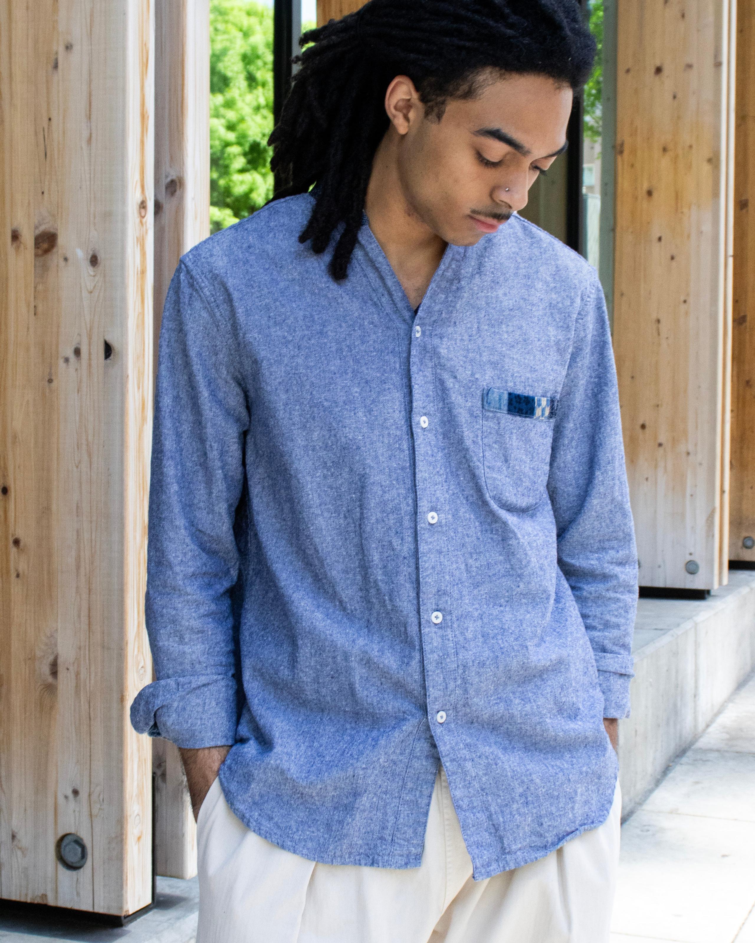 Kiriko Original Shirt, Long Sleeve Button-Up, Oversized Mandarin Collar, Indigo Chambray with Indigo Patchwork Style