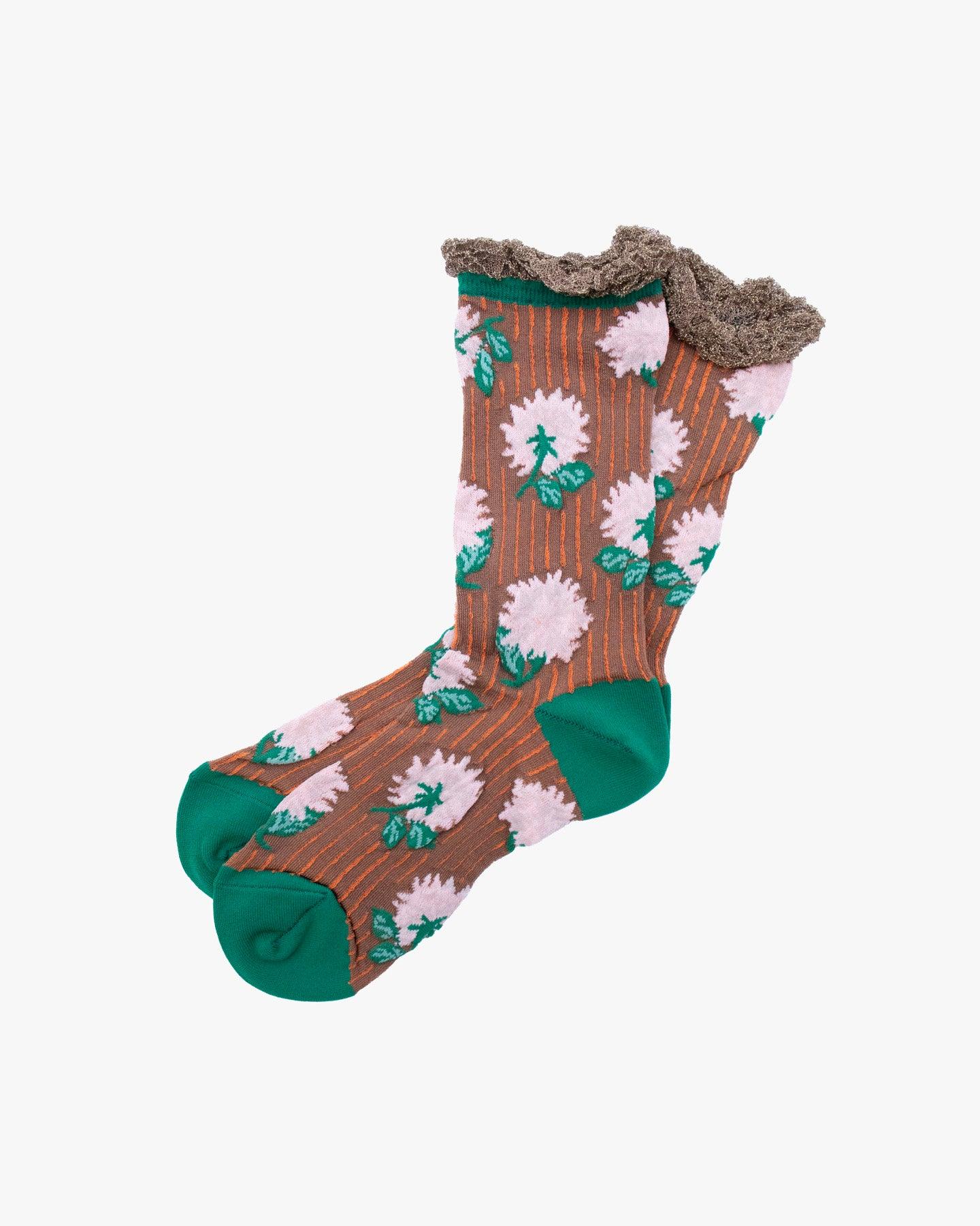 Crew Socks, Andeotte Collection, Brown, Pink and Green Flowers