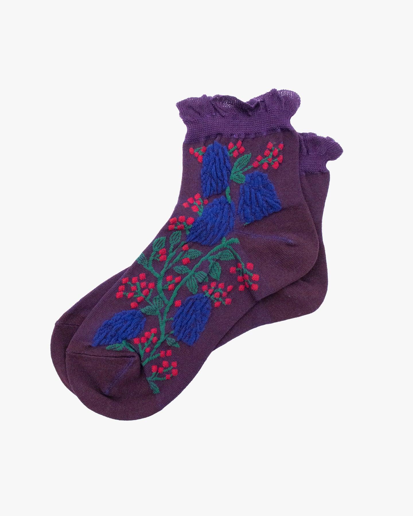 Crew Socks, Andeotte Collection,  Purple with Blue and Pink Flowers