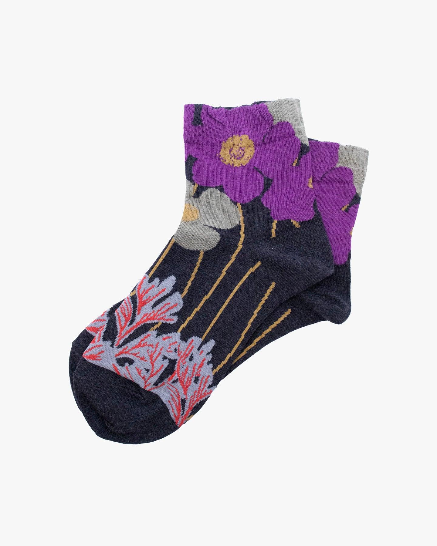 Crew Socks, Andeotte Collection,  Grey with Red and Purple Flowers
