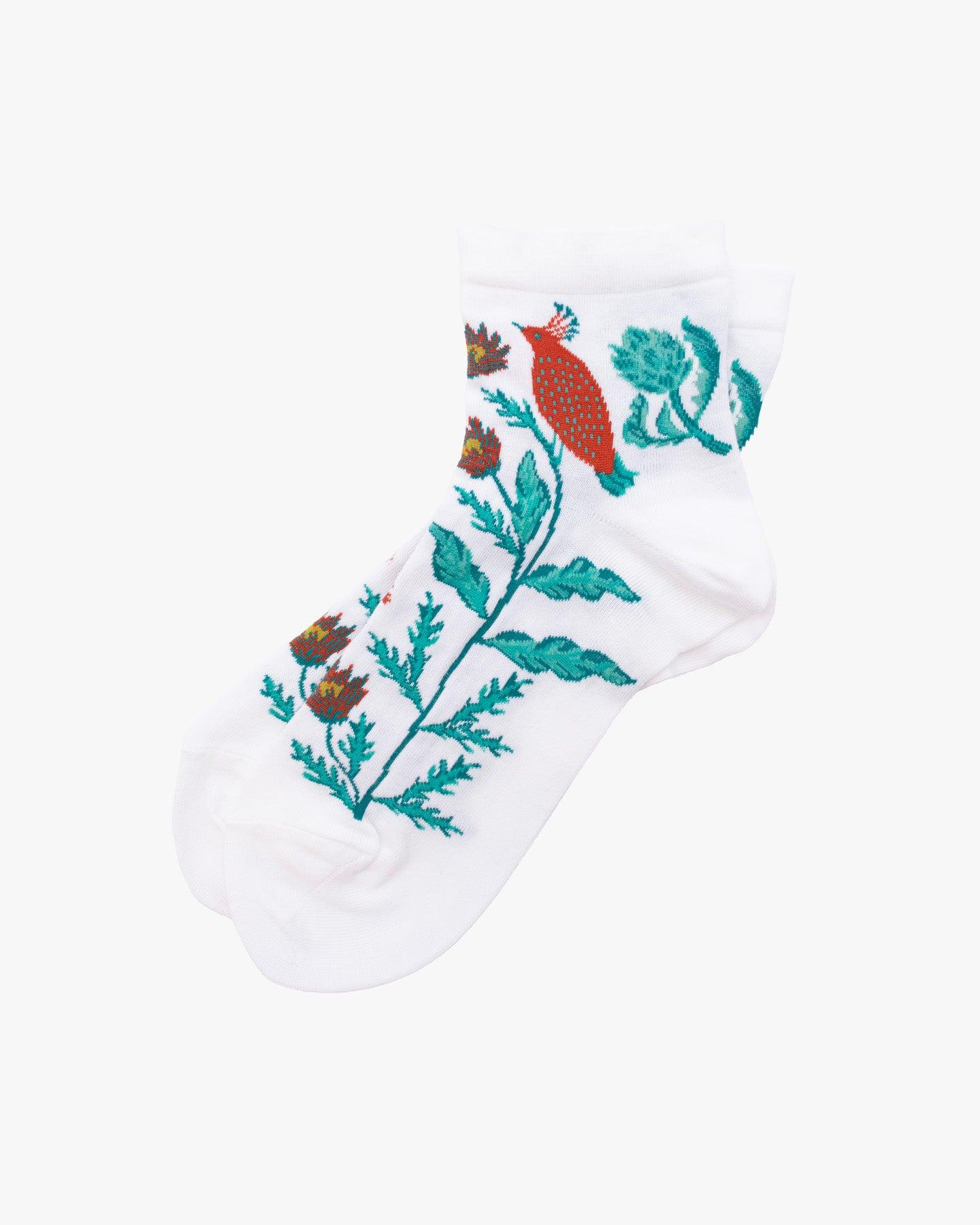 Crew Socks, Andeotte Collection, White Floral with Bird