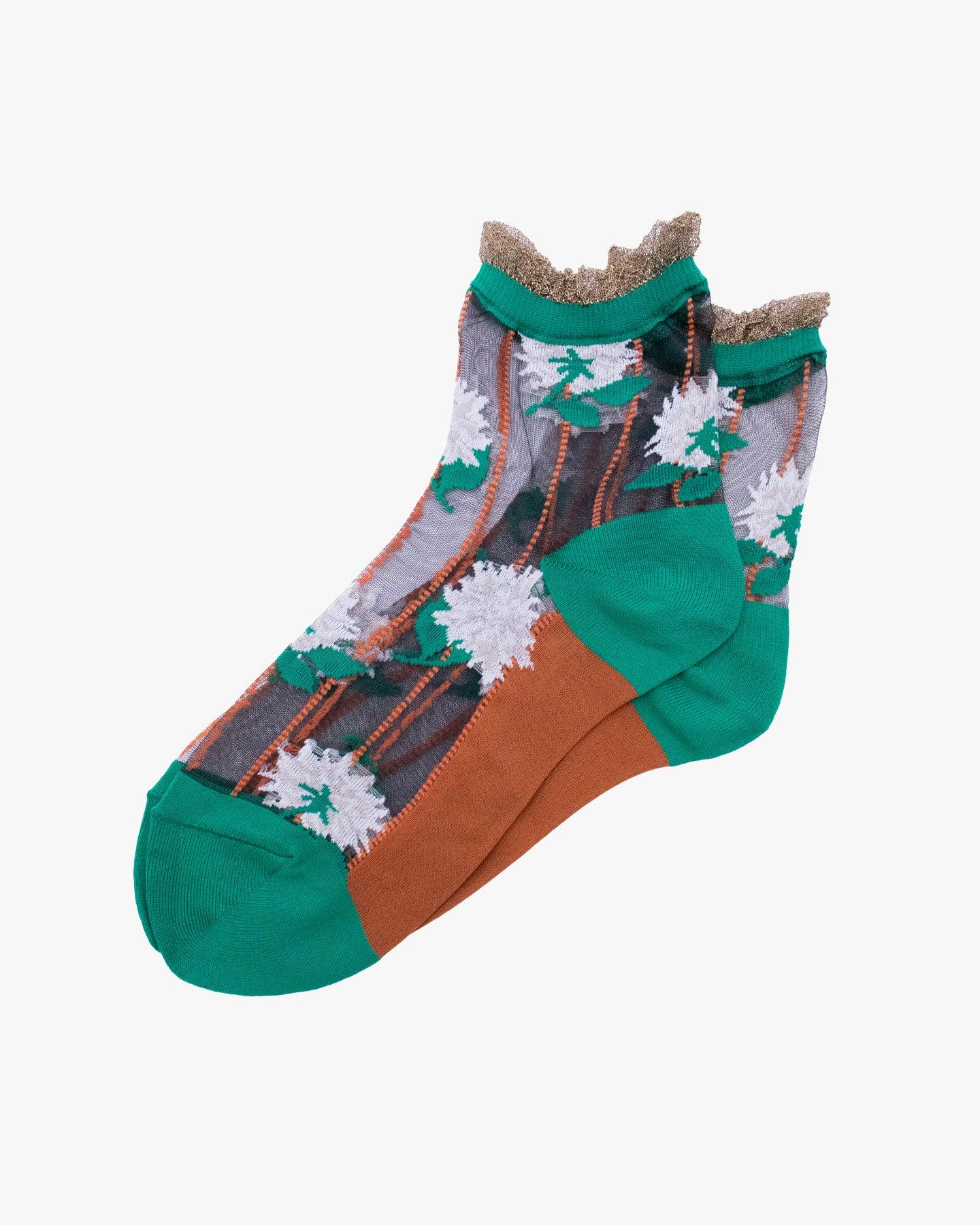 Crew Socks, Andeotte Collection, See Through Brown, Pink and Green Flowers