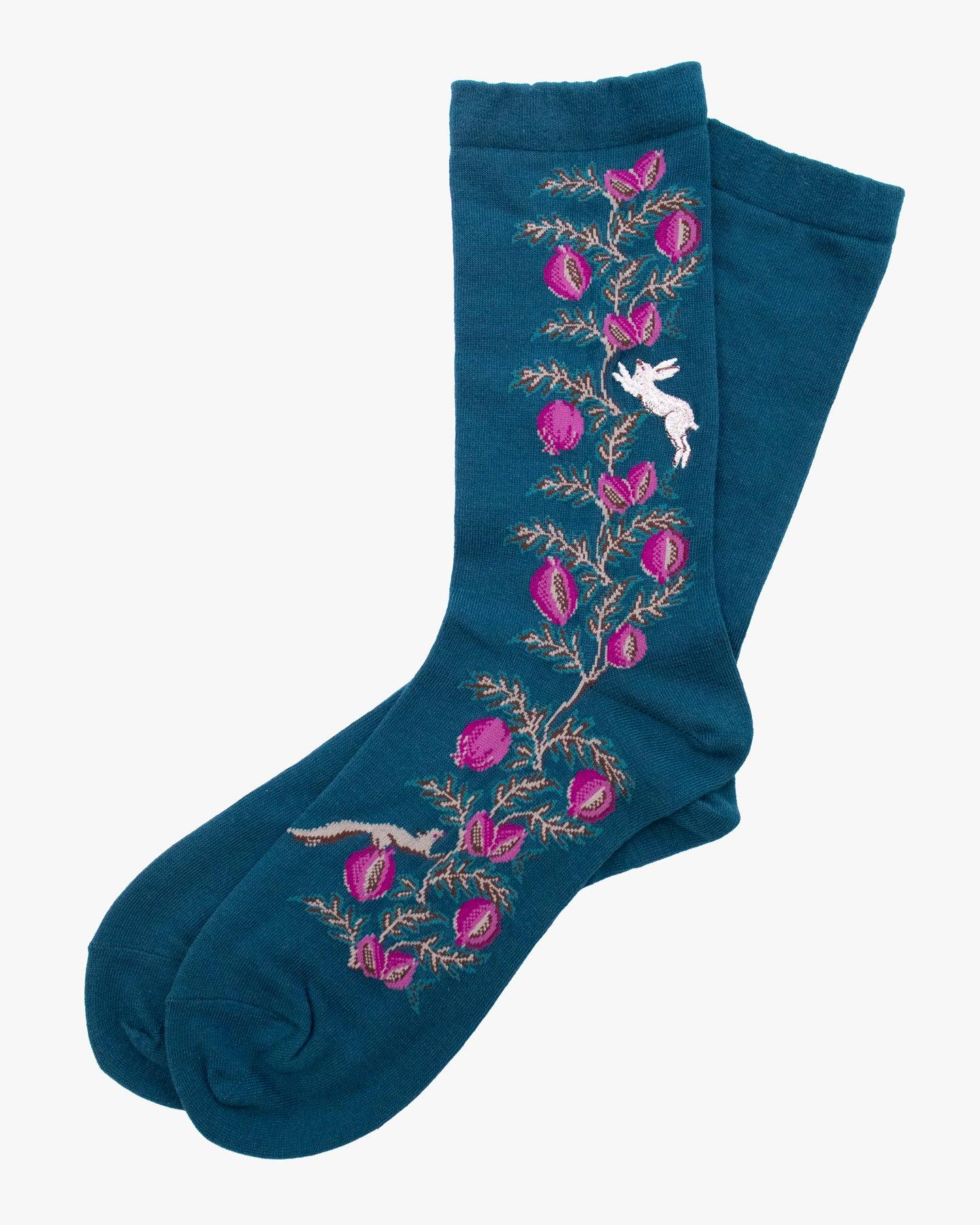 Crew Socks, Andeotte Collection, Navy Rabbit and Flowers
