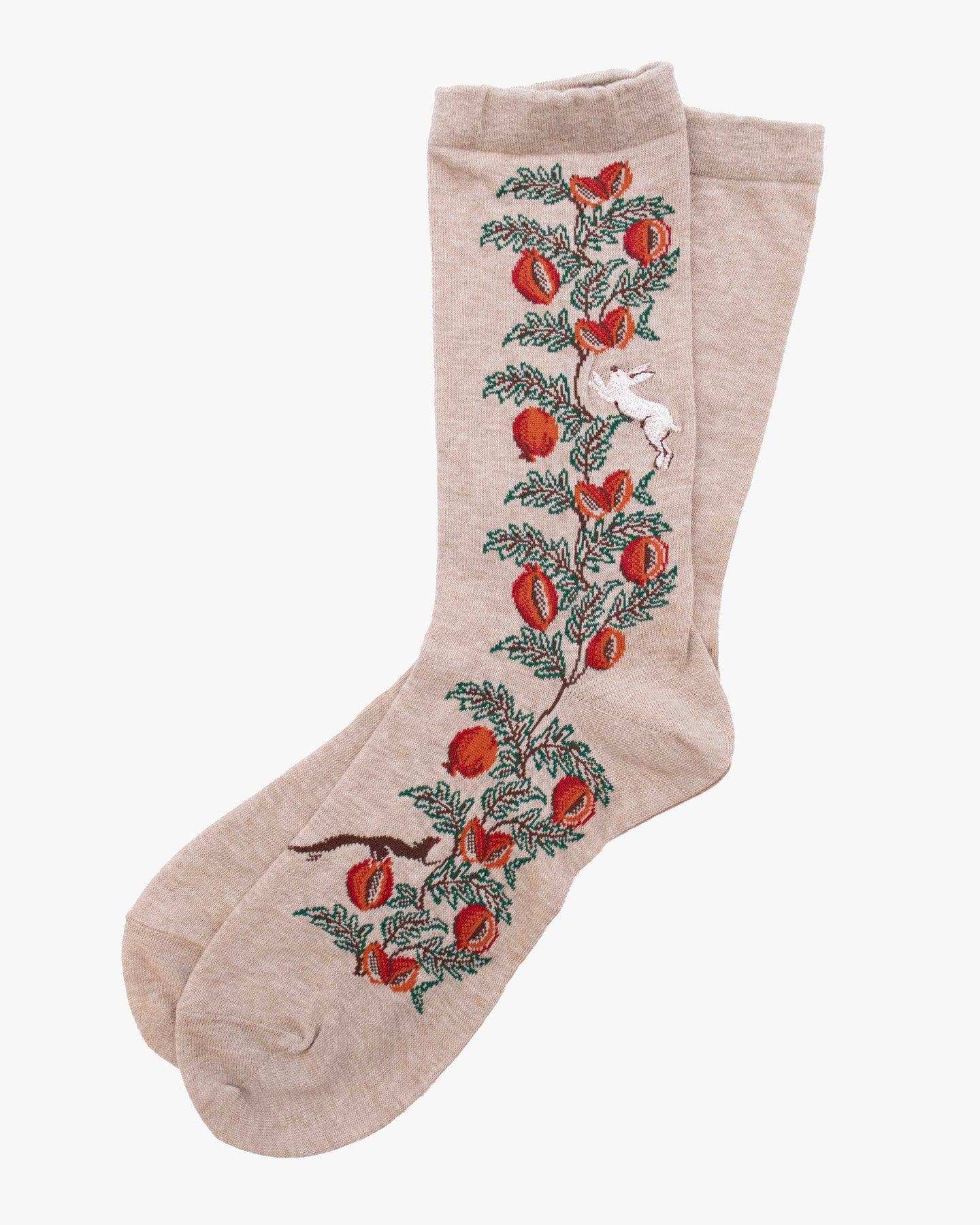 Crew Socks, Andeotte Collection,  Beige Rabbit and Flowers