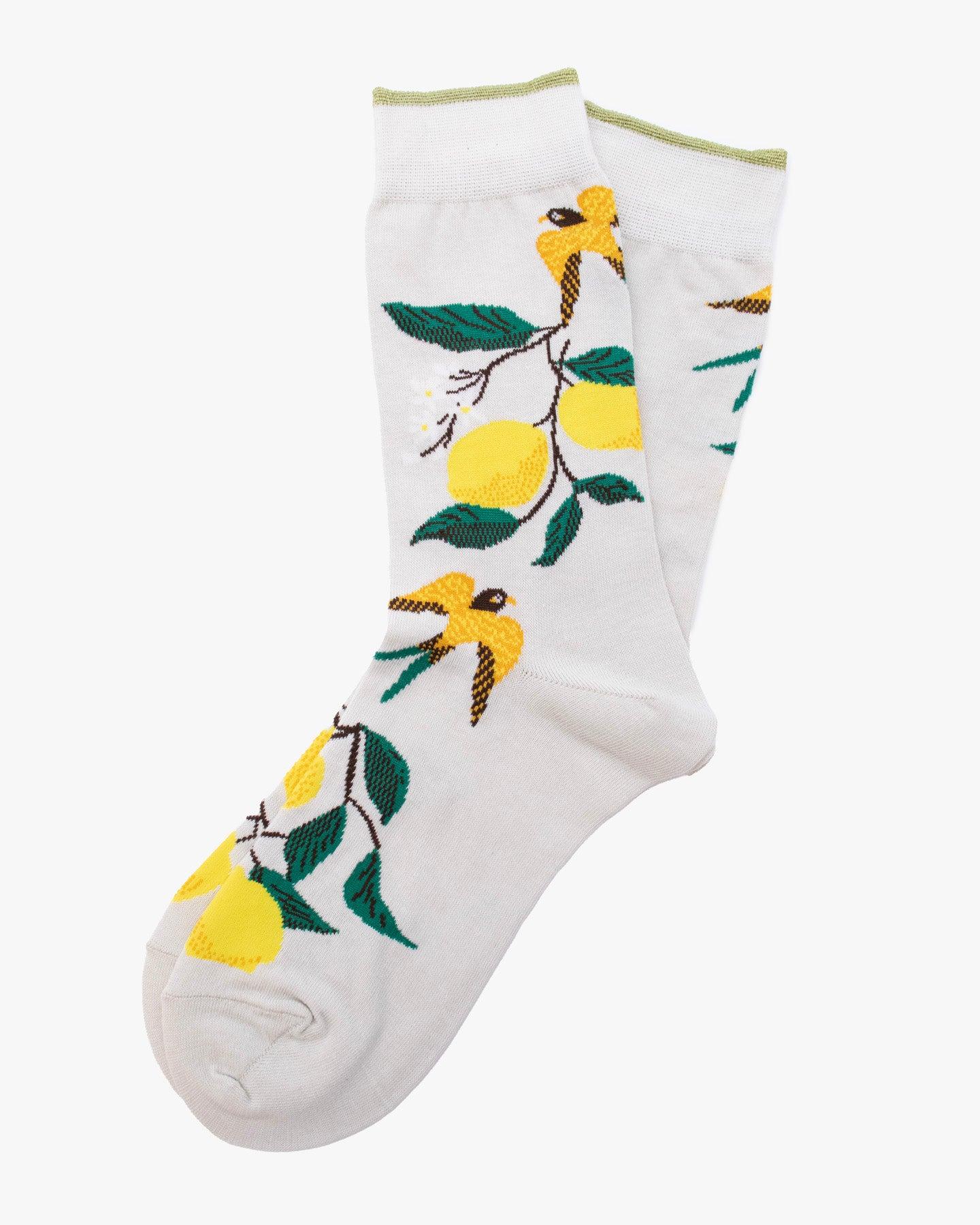 Crew Socks, Andeotte Collection,  Light Grey with Lemons and Birds