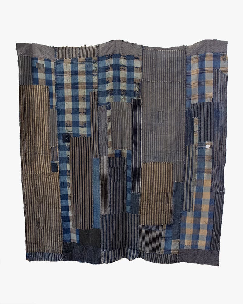 Vintage Boro Blanket, Tan and Blue Shima with Patches