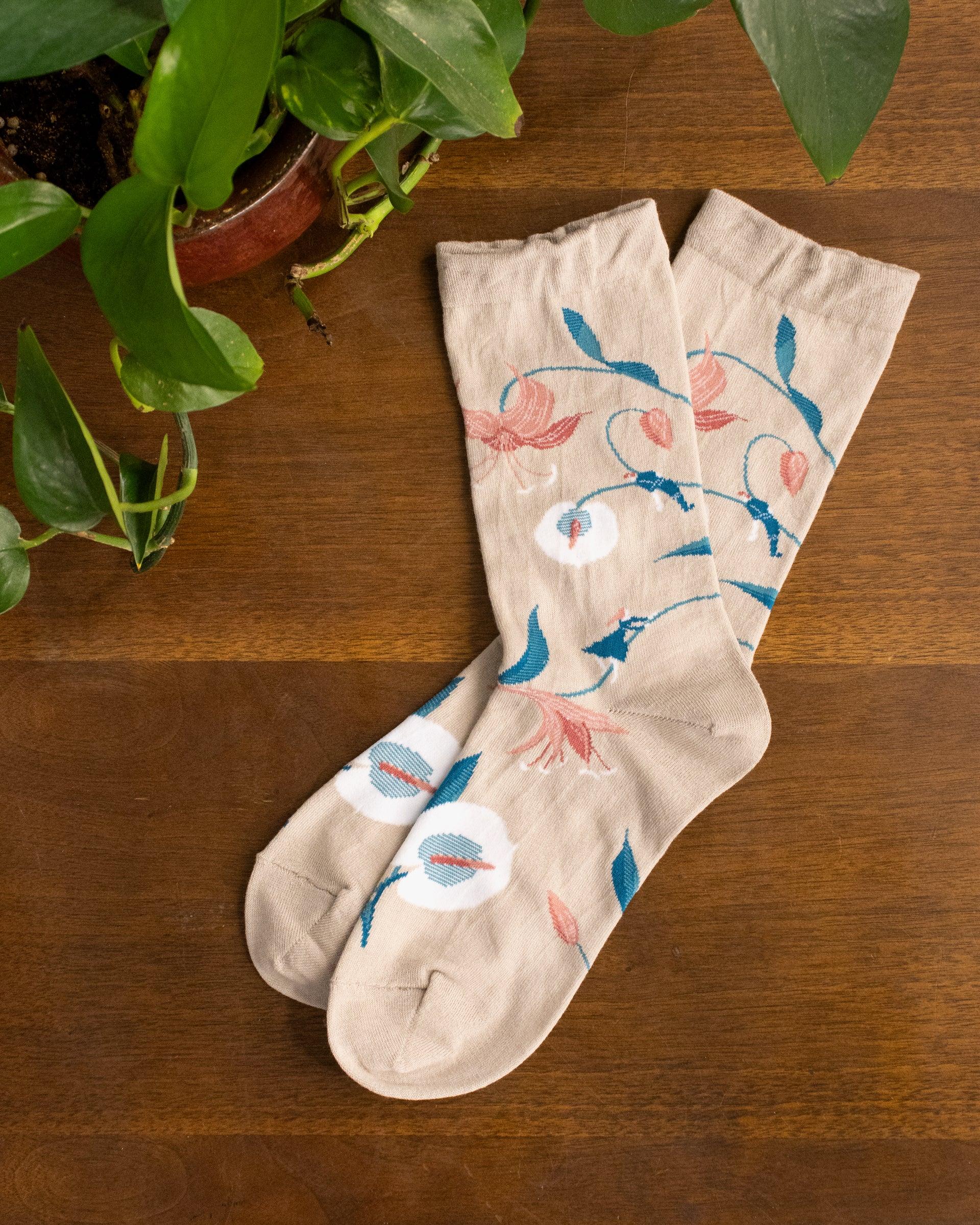 Crew Socks, Andeotte Collection, Botanical Dance Beige