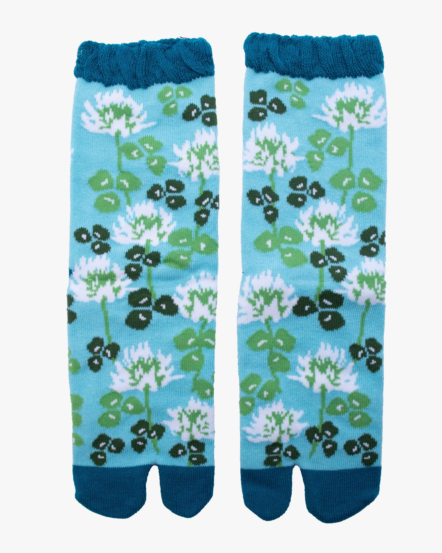 , Tabi Socks, Crew, Light Blue with Green and White Flowers (S/M)