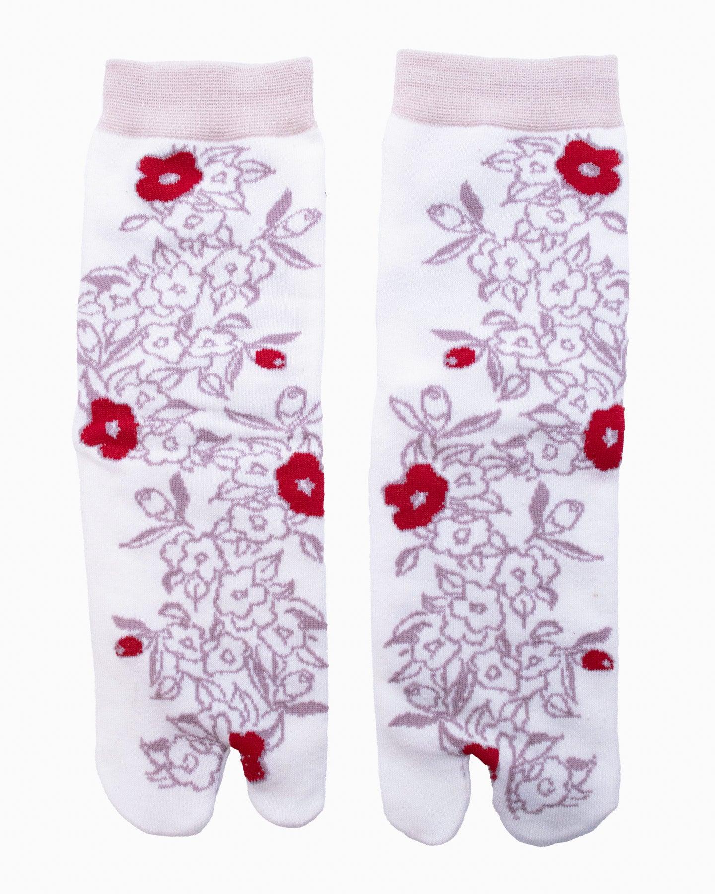 , Tabi Socks, Crew, White with Purple and Red Flowers (S/M)