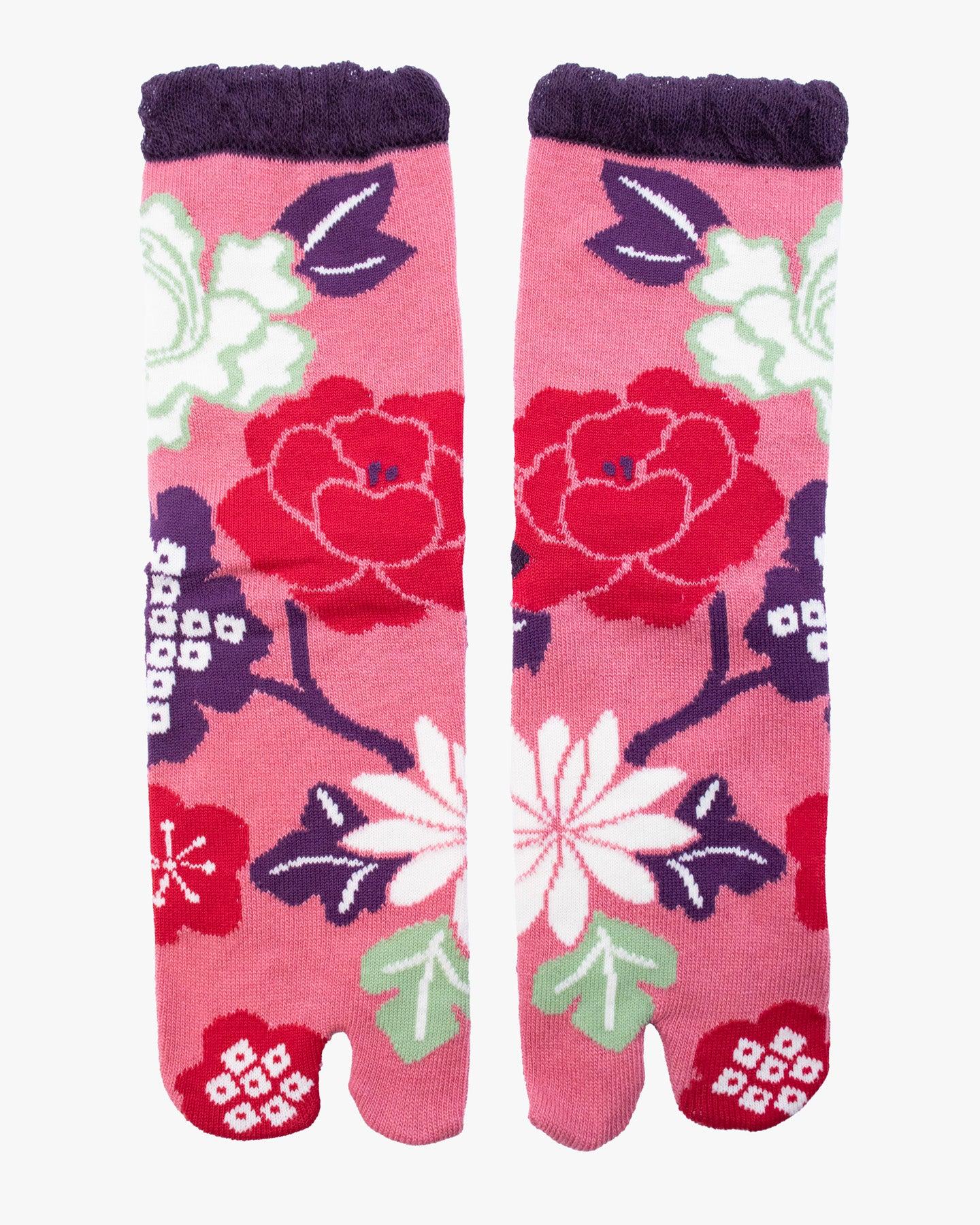 , Tabi Socks, Crew, Pink with Purple and White Flowers (S/M)