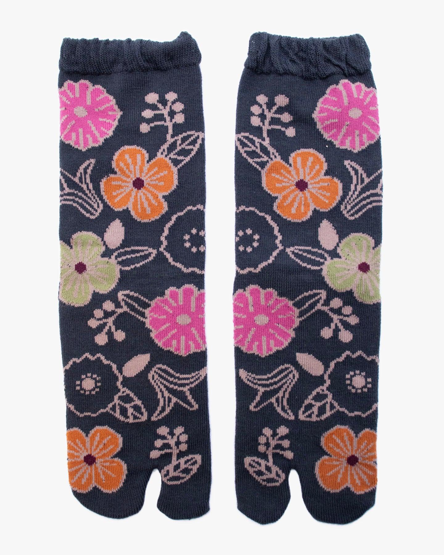 , Tabi Socks, Crew, Charcoal with Orange and Tan Flowers (S/M)