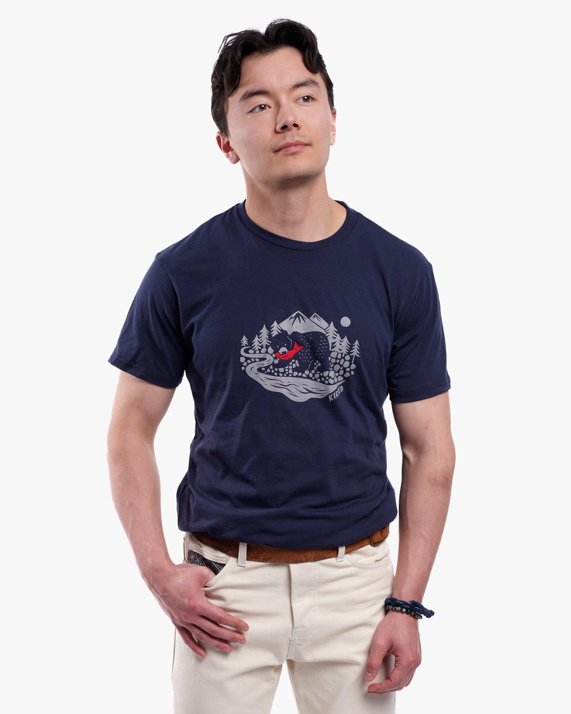 Kiriko Original Tee, 4 oz. US Made, Kuma with Embroidered Fish, Navy