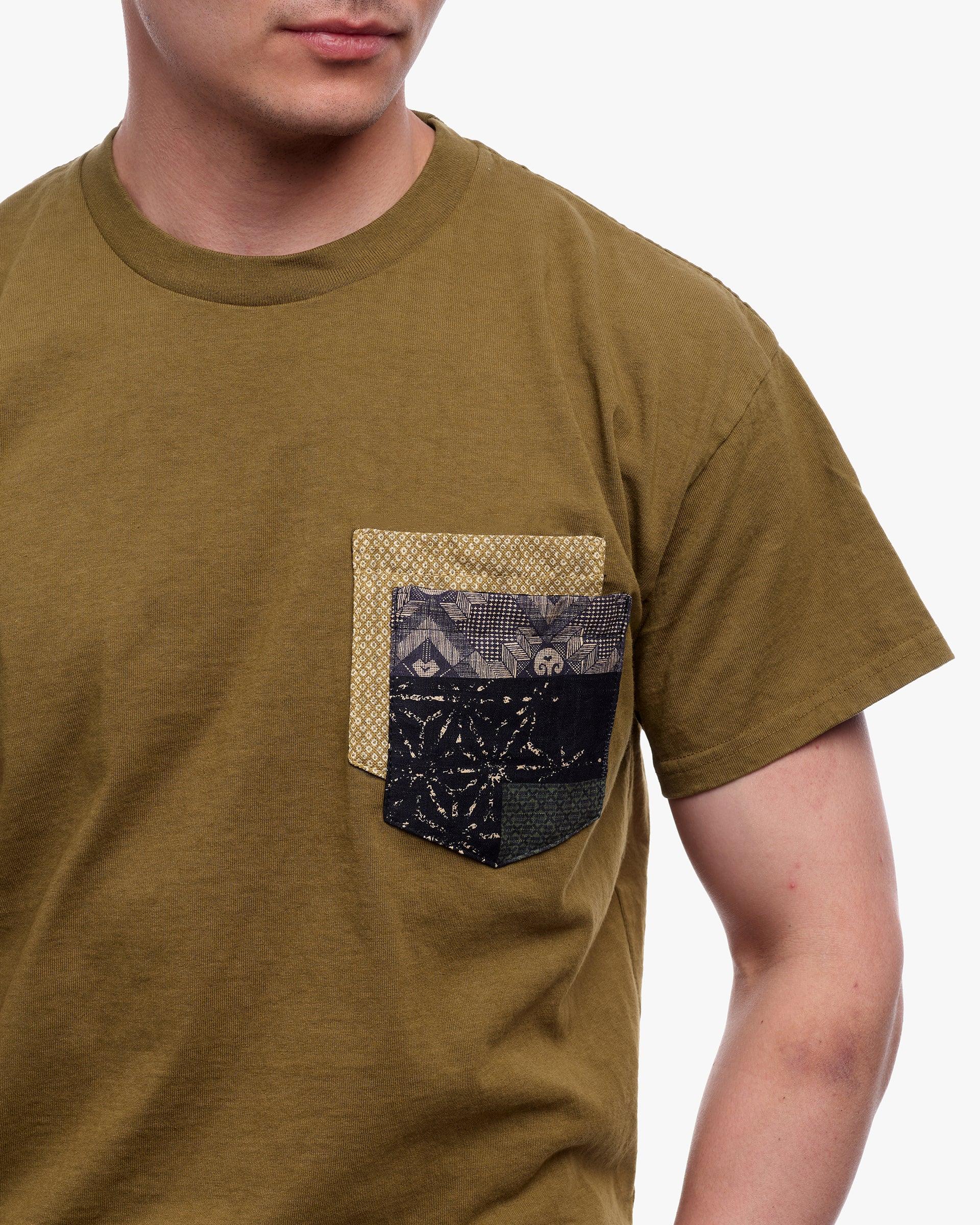 Kiriko Original Tee, 8 oz. US Made, Double Pocket Tee, Green, Yellow Shibori and Indigo Patchwork Style