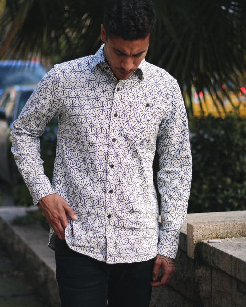 Kiriko Original Shirt, Long Sleeve Button-Up, White Asanoha