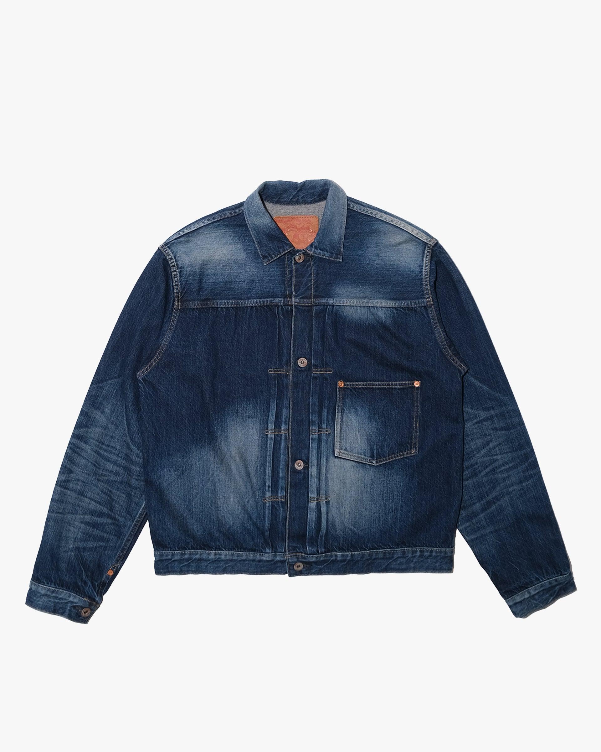 Type I Trucker Jacket, L, Studio D'Artisan, Dark Wash Blue Denim with Faded Accents
