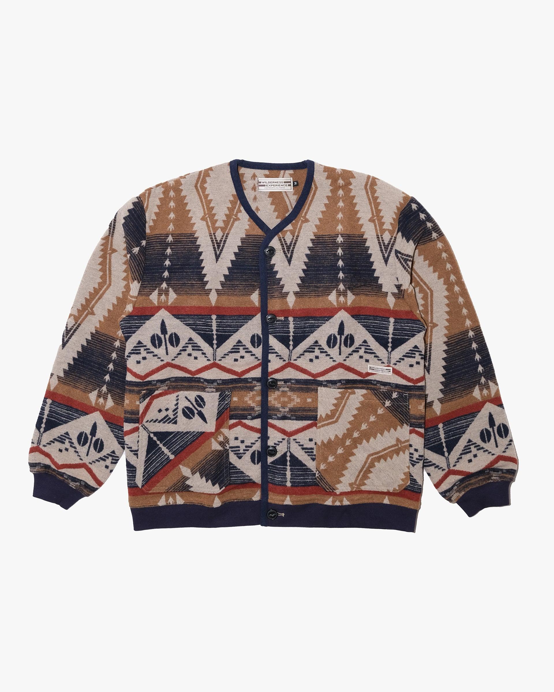 Long-Sleeve Cardigan, M, Wilderness Experience, Brown Geometric Print with Red and Blue Accents