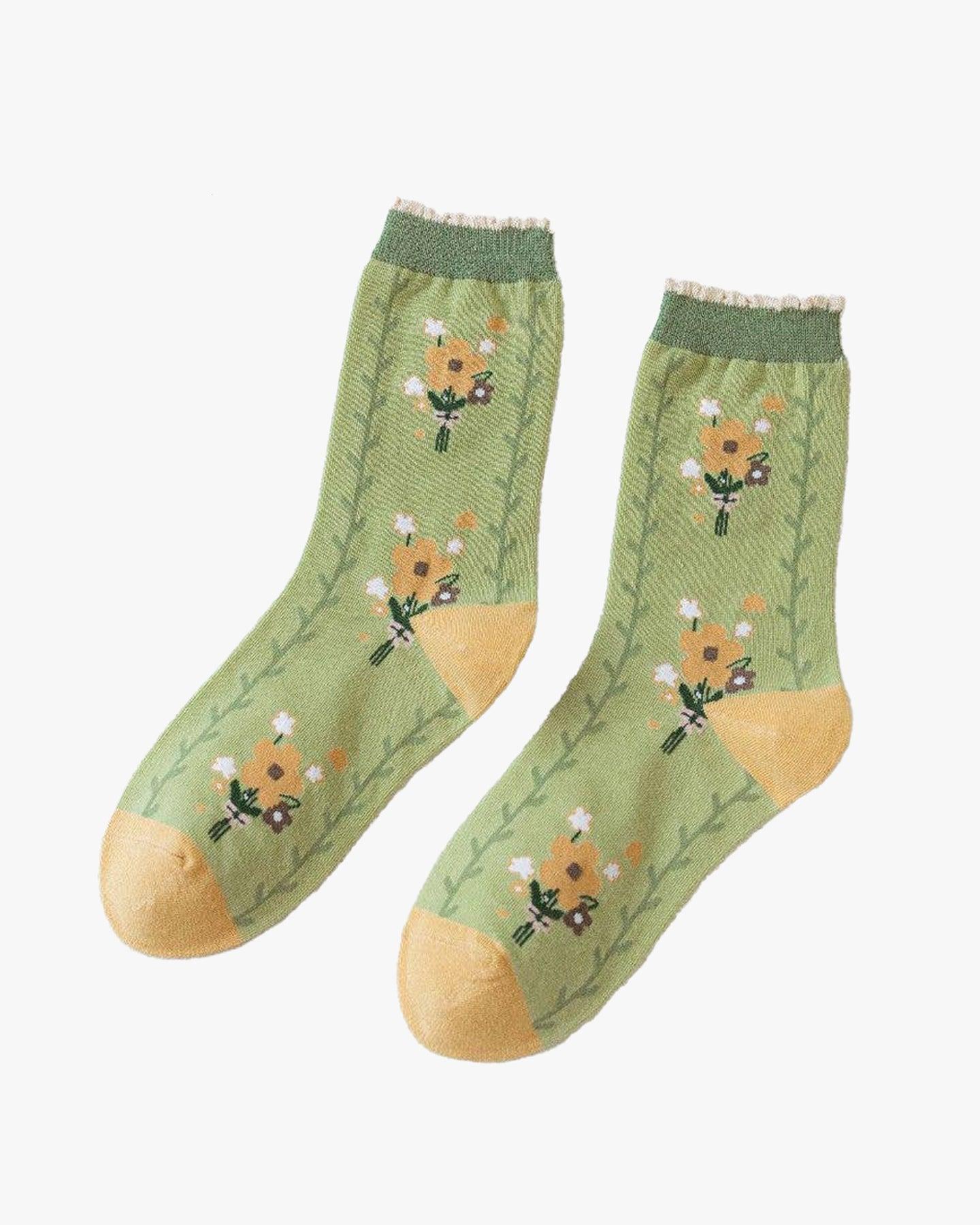 , Crew Socks, Whimsical Green Floral Bunny