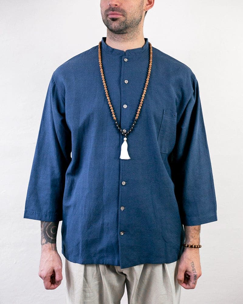 Shirt, Long Sleeve Button-Up, Mandarin Collar, Teal