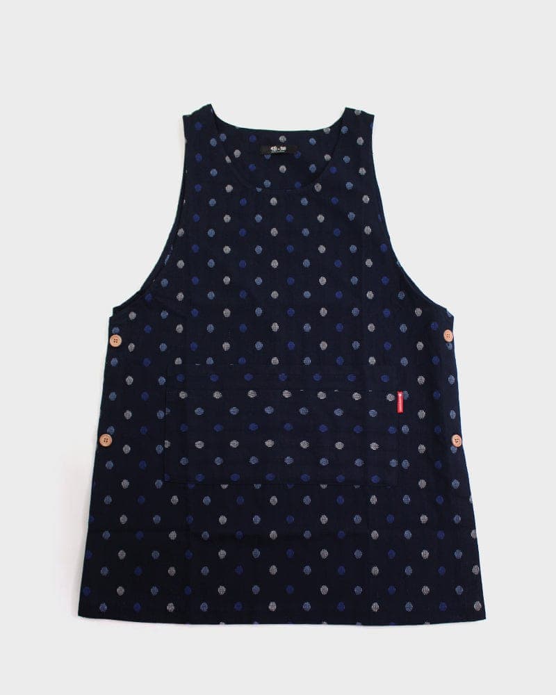 Japanese Apron, Button Up Side, Indigo with Blue and White Polka Dots