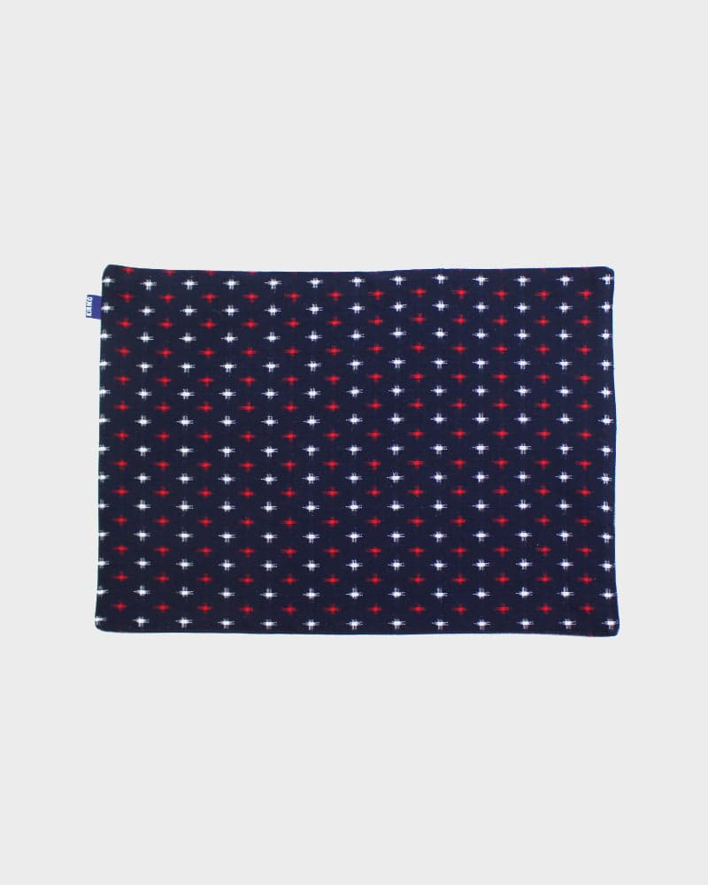 Kiriko Original Table Mat, Kasuri-Ori Indigo with White and Red Jyuji