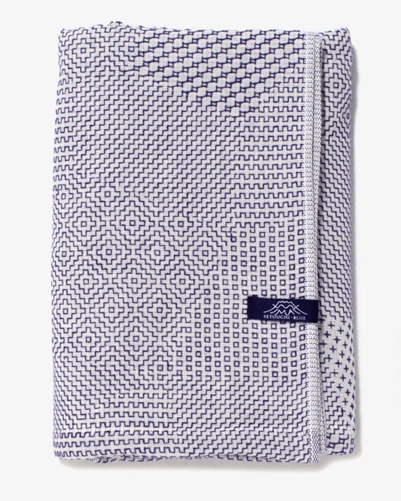 Bath Towel, White with Blue Sashiko Stitching