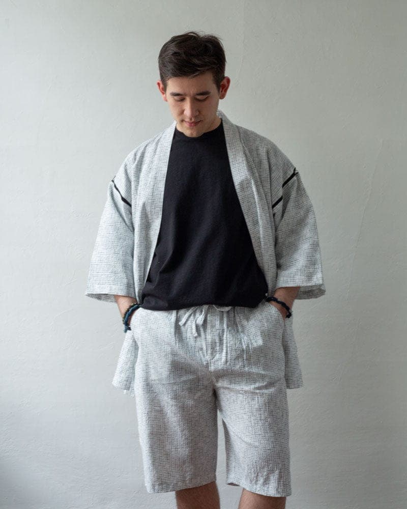 Jinbei Set, Chijimi Weave, White with Faded Black Grid