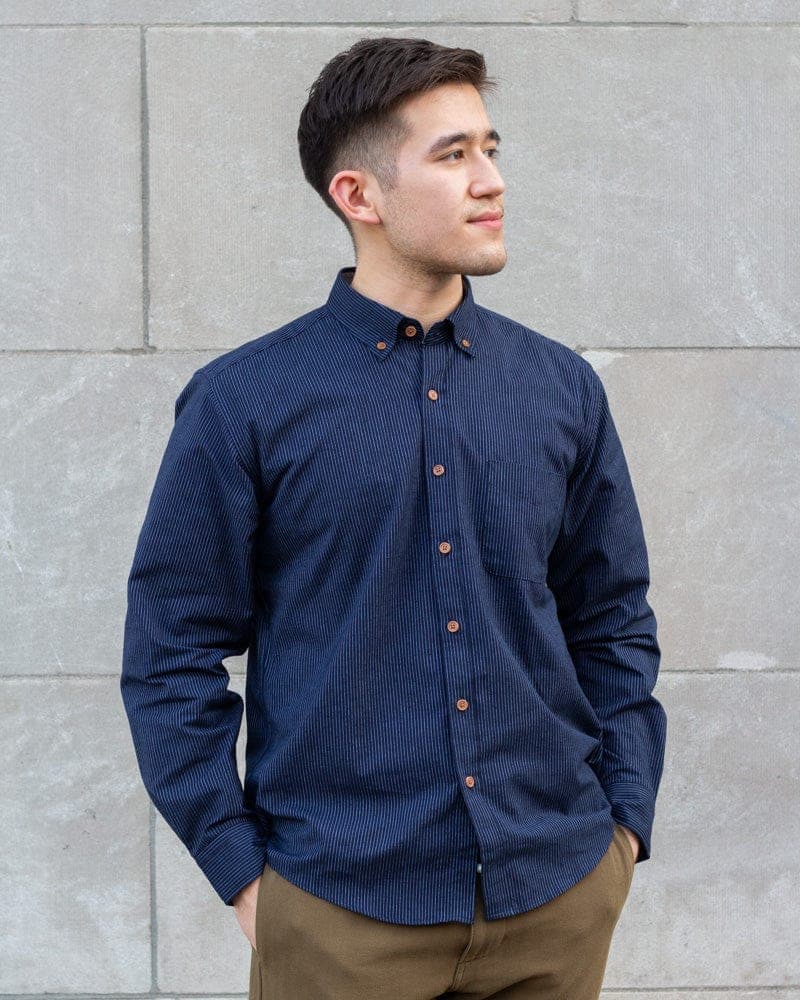 Shirt, Long Sleeve Button-Up, Indigo with Thin Light Blue Shima