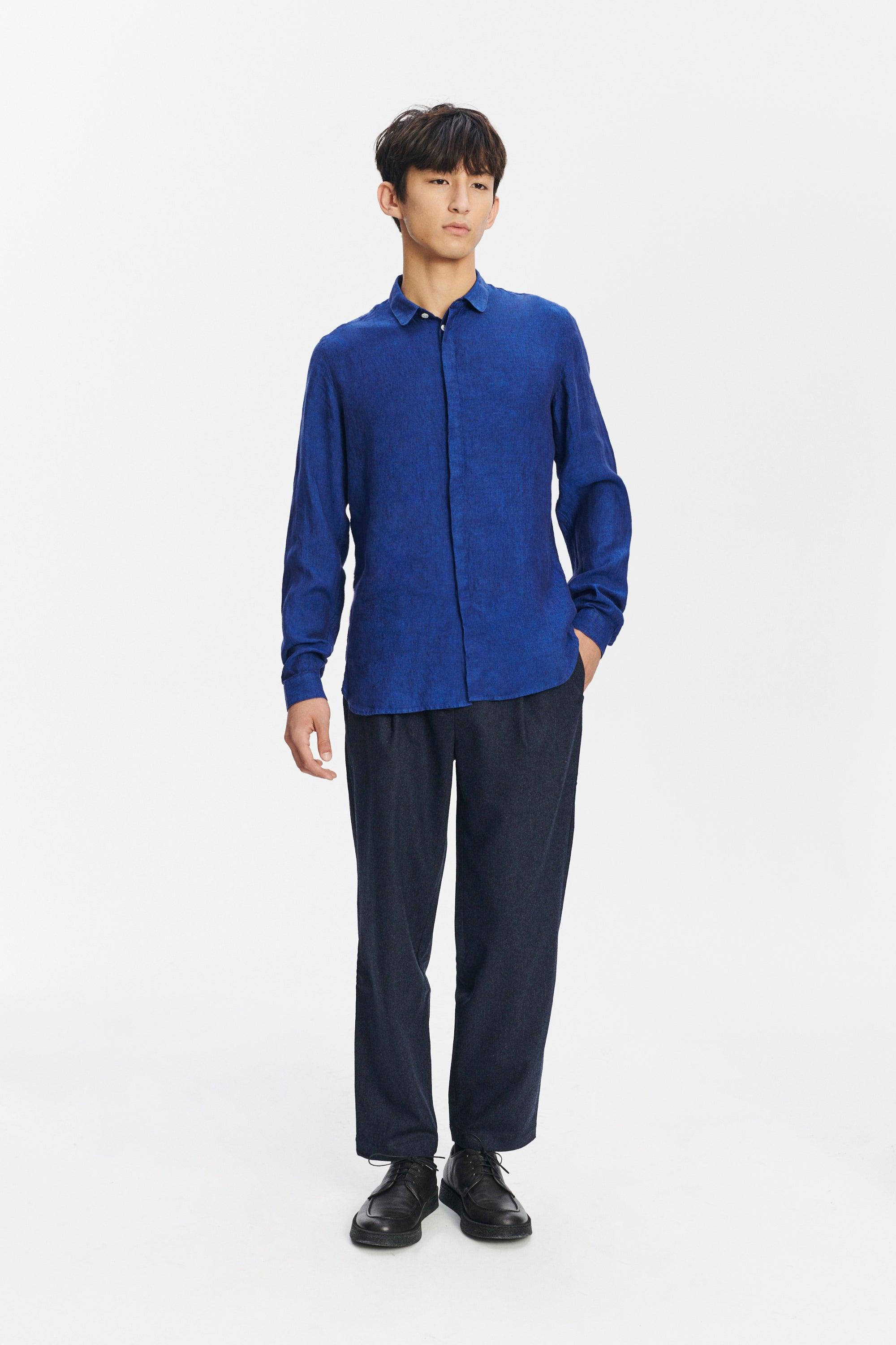 Cute Round Collar Shirt in a Soft and Airy Cobalt Blue Bohemian Linen