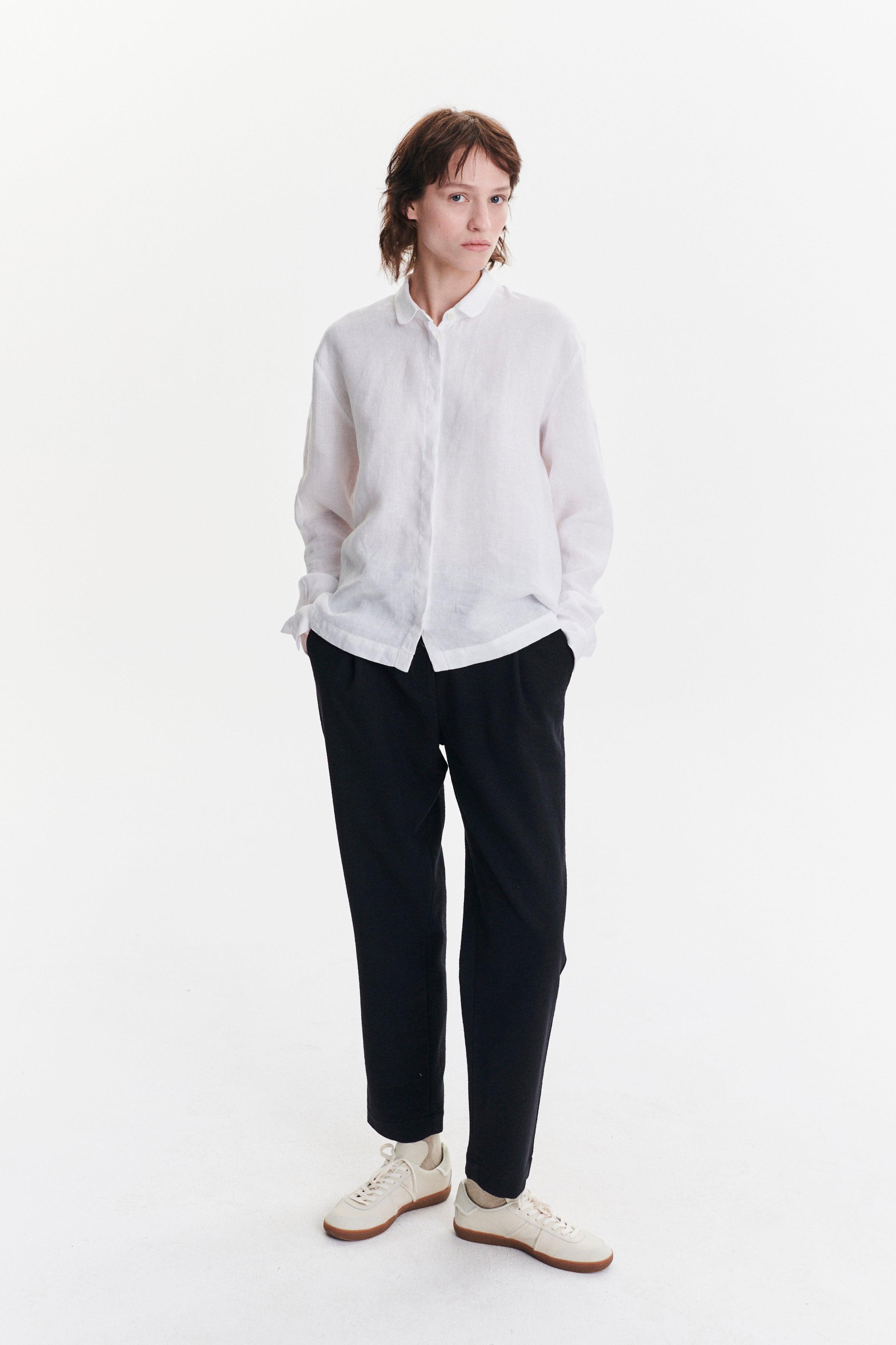 Cute Round Collar Shirt in a White Soft Italian Linen