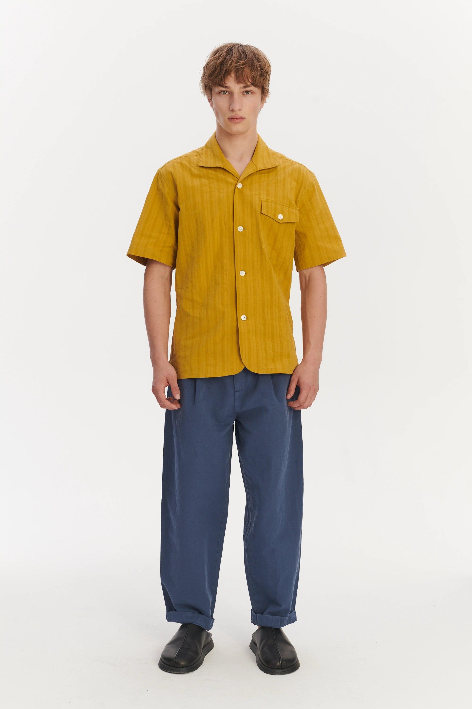 Short Sleeve Tiger Spread Collar Shirt in a Madras Yellow Jacquard Woven Japanese Cotton