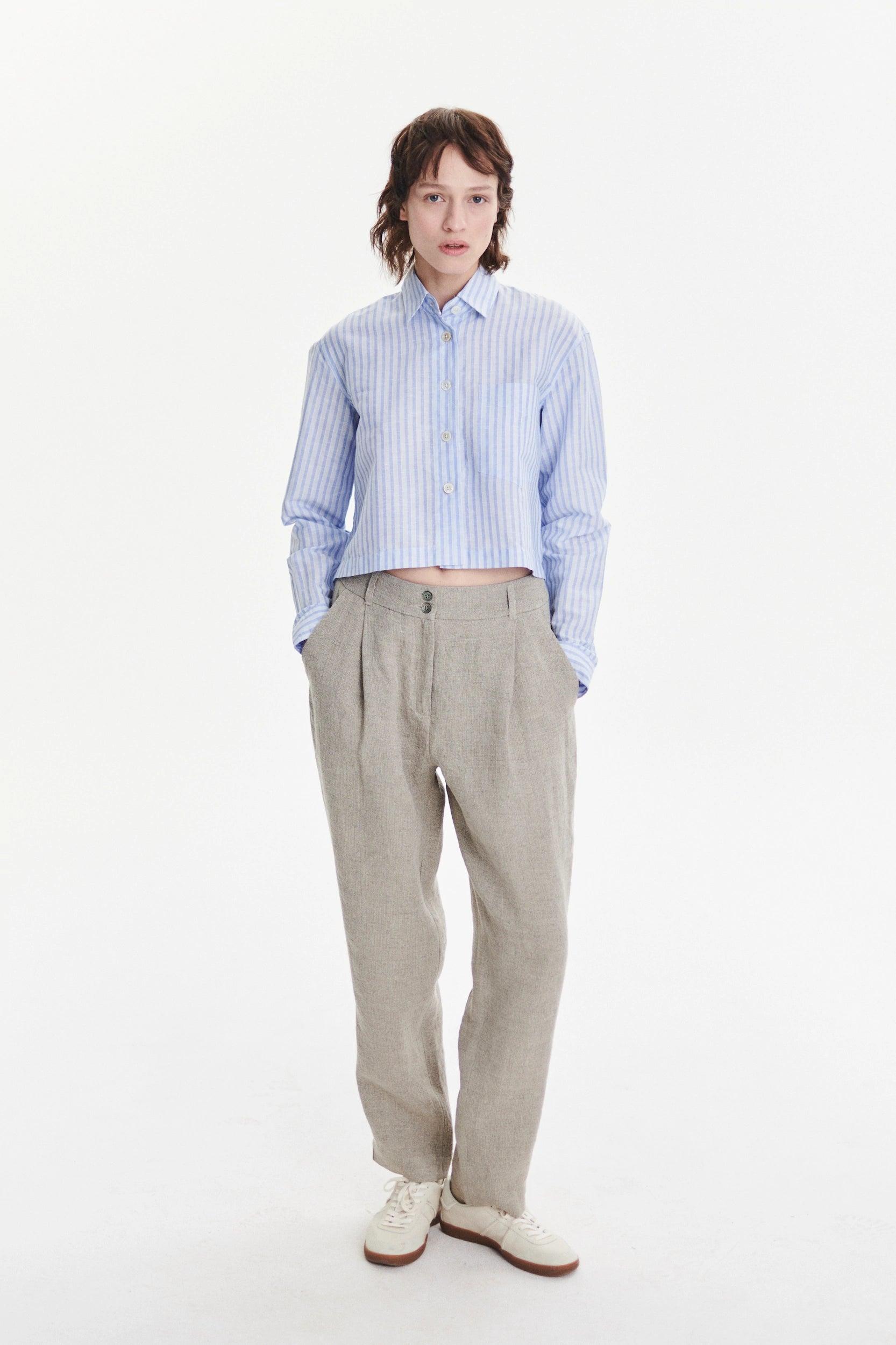 Relaxed Cropped Shirt in a Light Blue Soft Tonal Stripe Portuguese Cotton and Linen