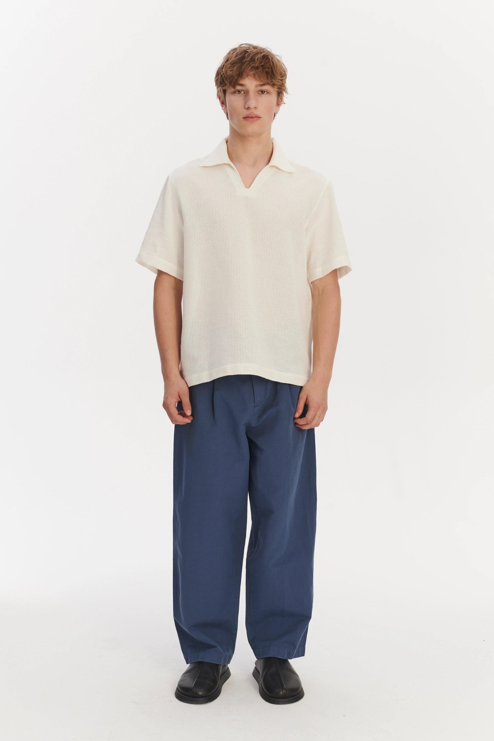 Short Sleeve Pop Over Shirt  in a Cream White Airy Portuguese Cotton