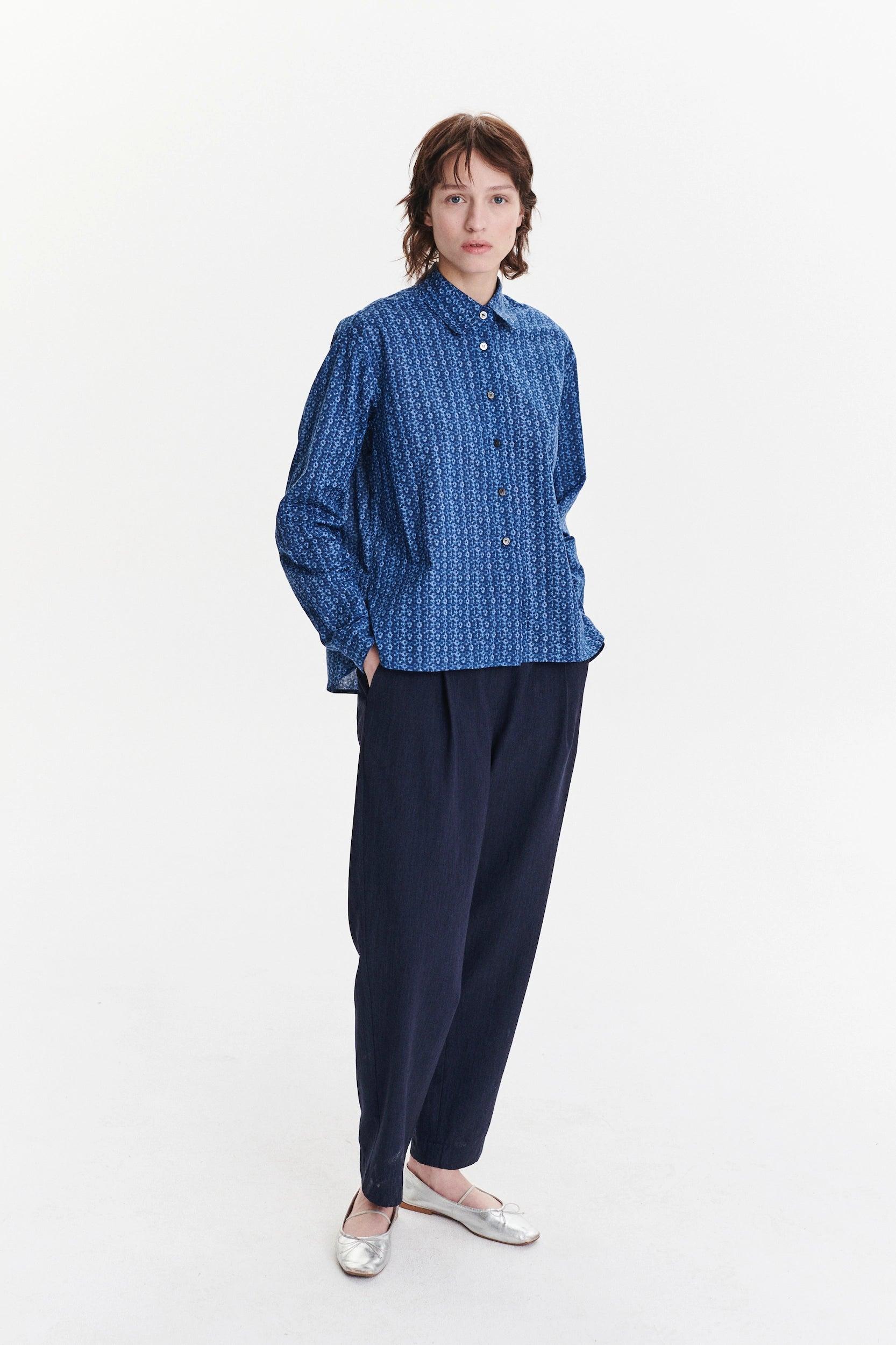 Relaxed Blouse in a Blue Abstract Flower Print Italian Cotton