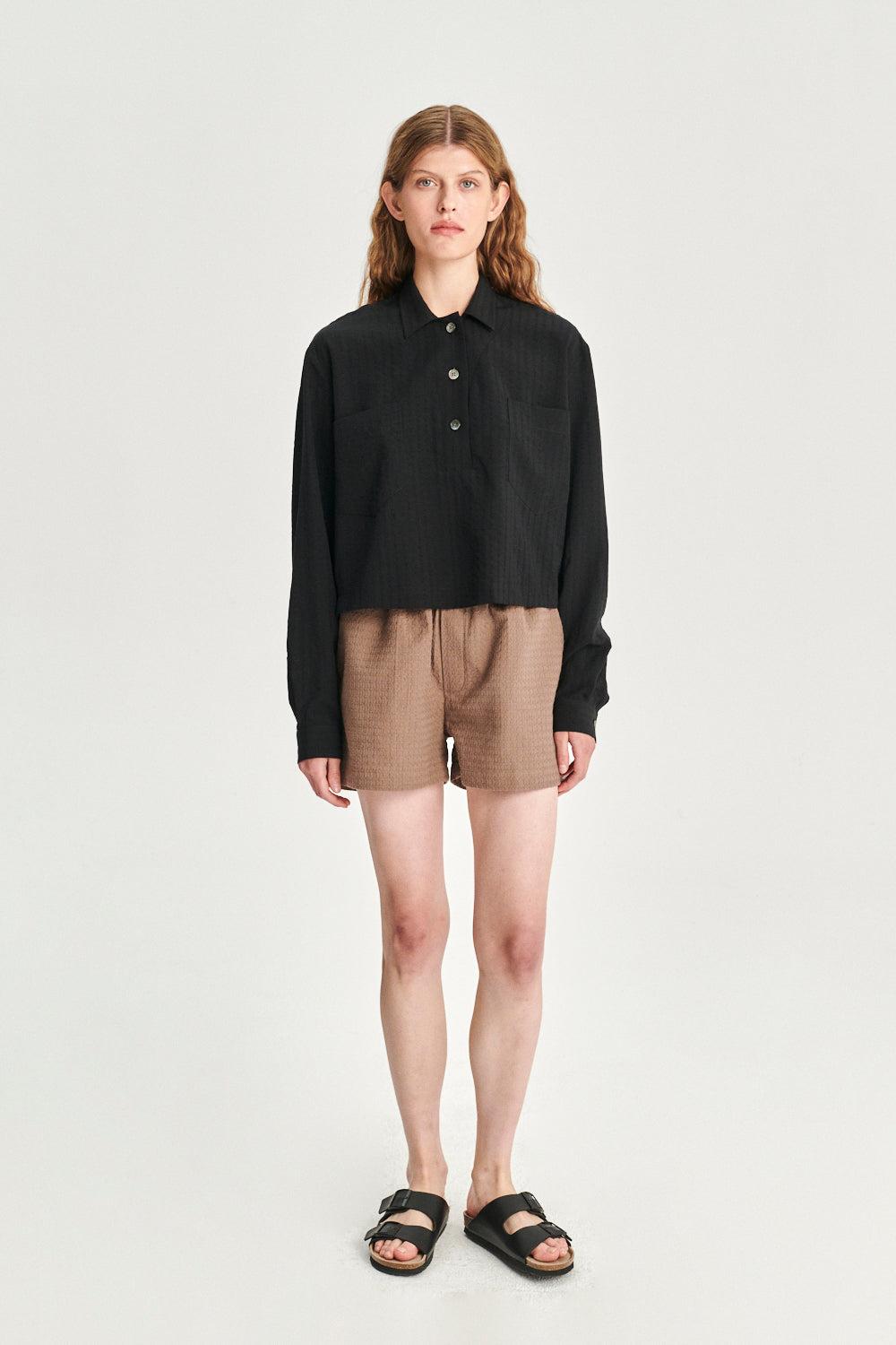 Cropped Pop-Over Top in a Black Portuguese Tencel Seersucker