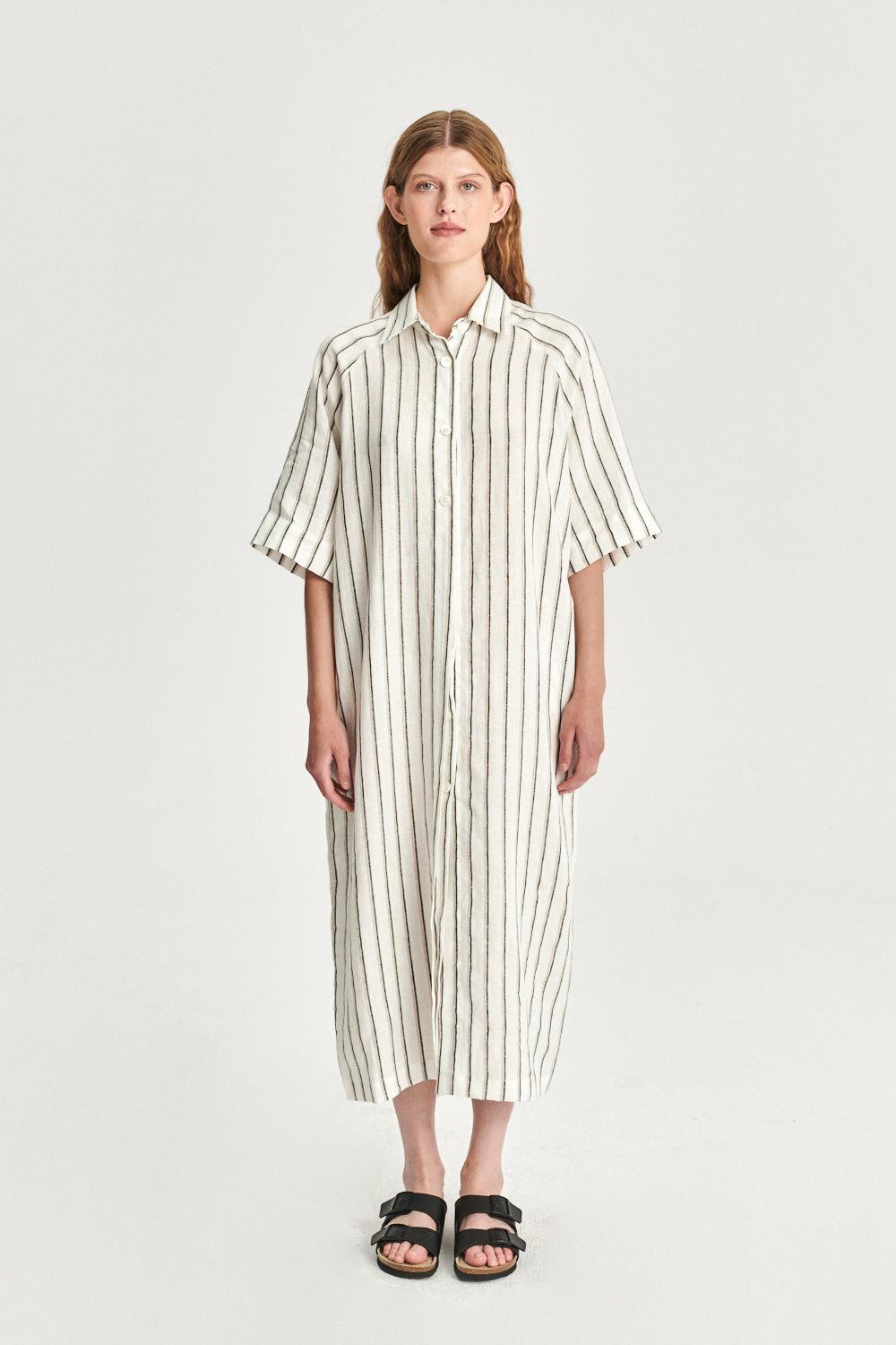 Dress in a  in a Fine White Black and Beige Airy Double Striped Bohemian Linen