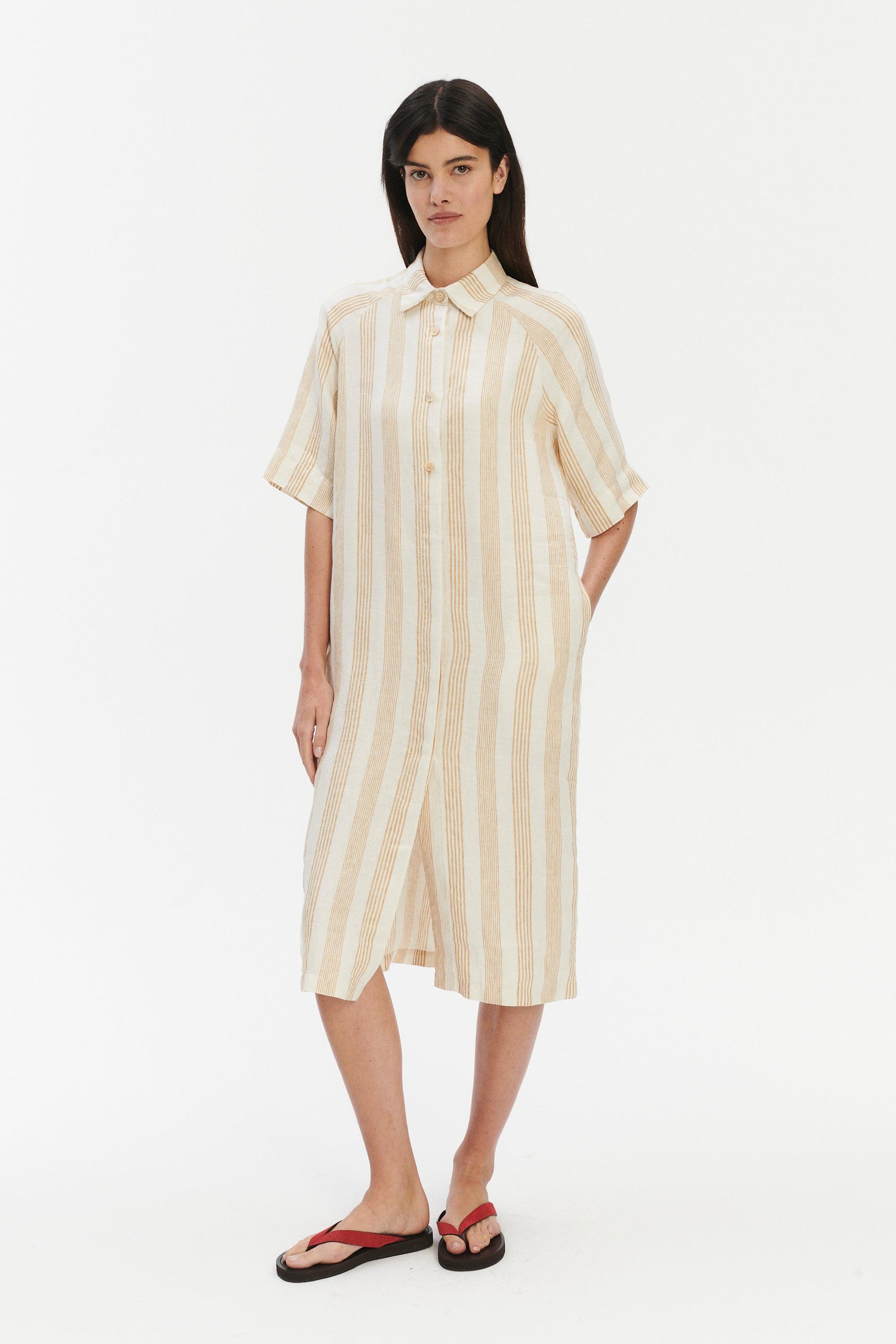 Shirt Dress in a Cream White and Beige Fine Striped Pure Italian Linen