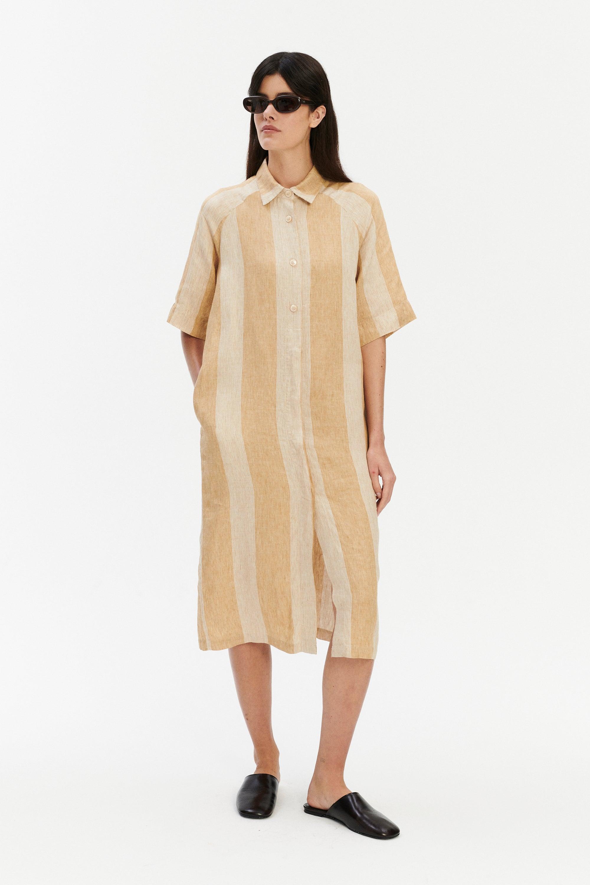 Shirt Dress in a  Cream White and Soft Beige Stripe Italian Linen