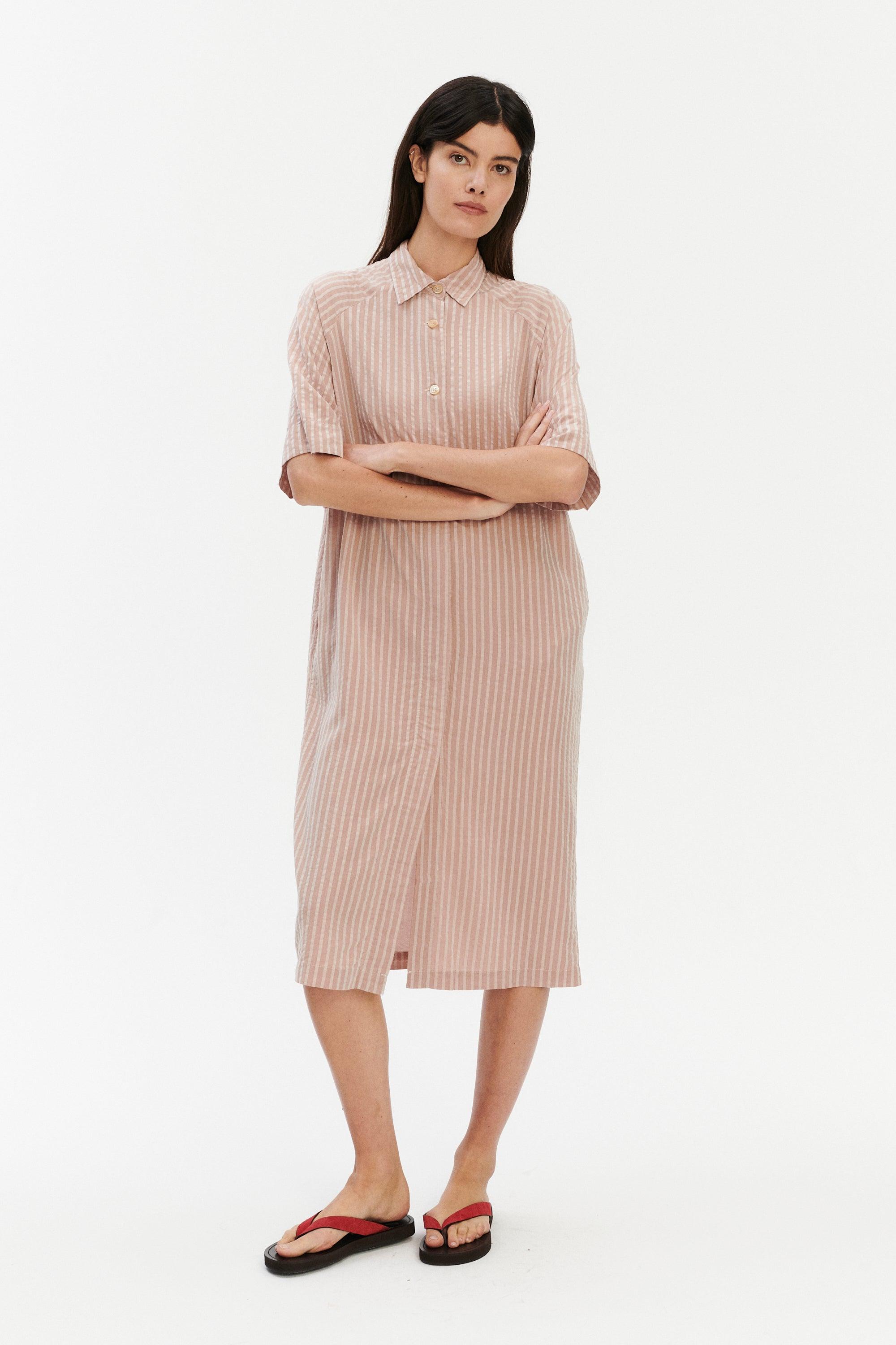 Shirt Dress in a  Dusty Pink Striped Airy and Fluid Portuguese Pure Tencel