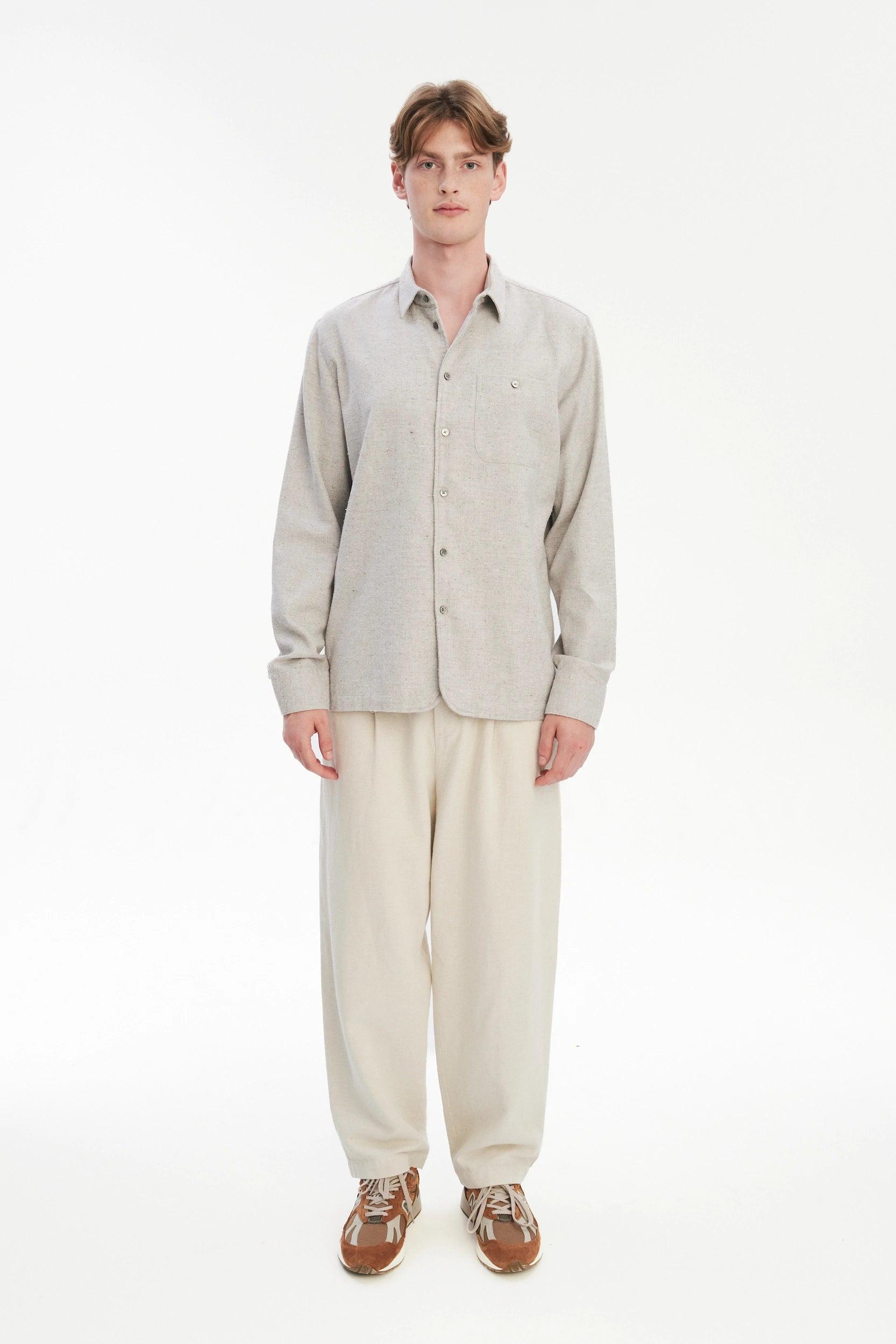 Strong Shirt in a Beige Grey Italian Cotton, Silk and Wool Tweed